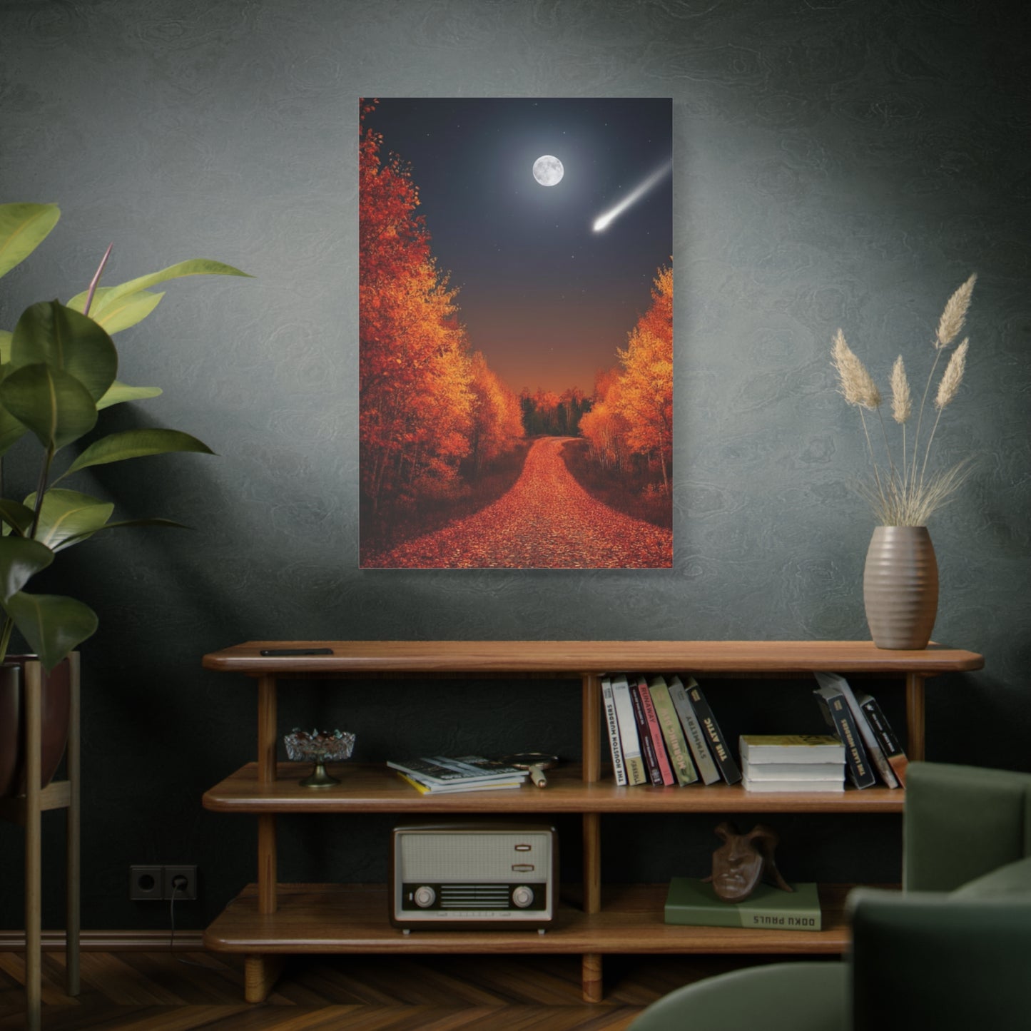 Peaceful Autumn Moon Canvas - Calming Shooting Stars Wall Art for Bedroom, Living Room