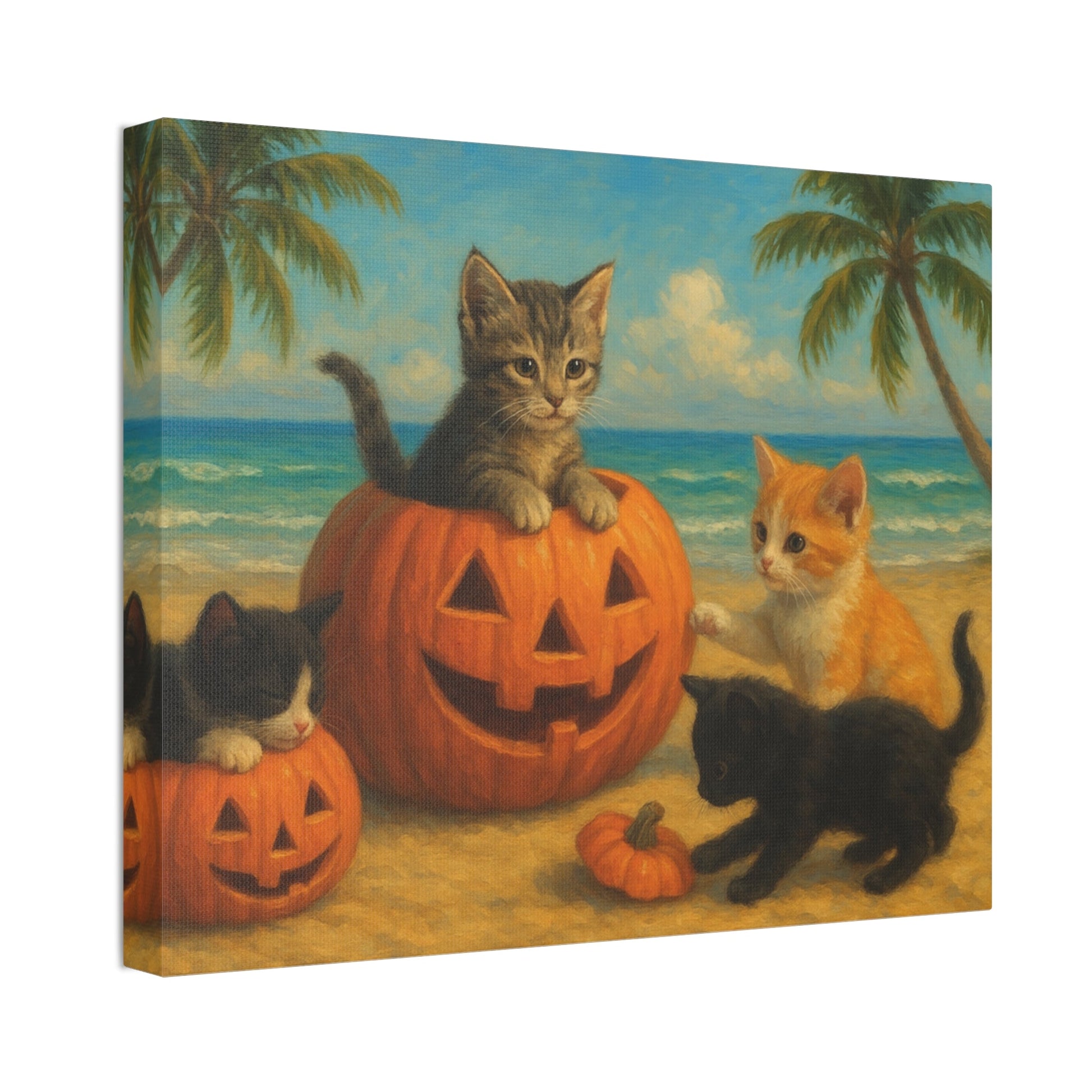 Canvas-Pumpkin Kittens wall art with adorable kittens and jack-o'-lanterns on a beach, perfect fall Halloween home decor for cat lovers.