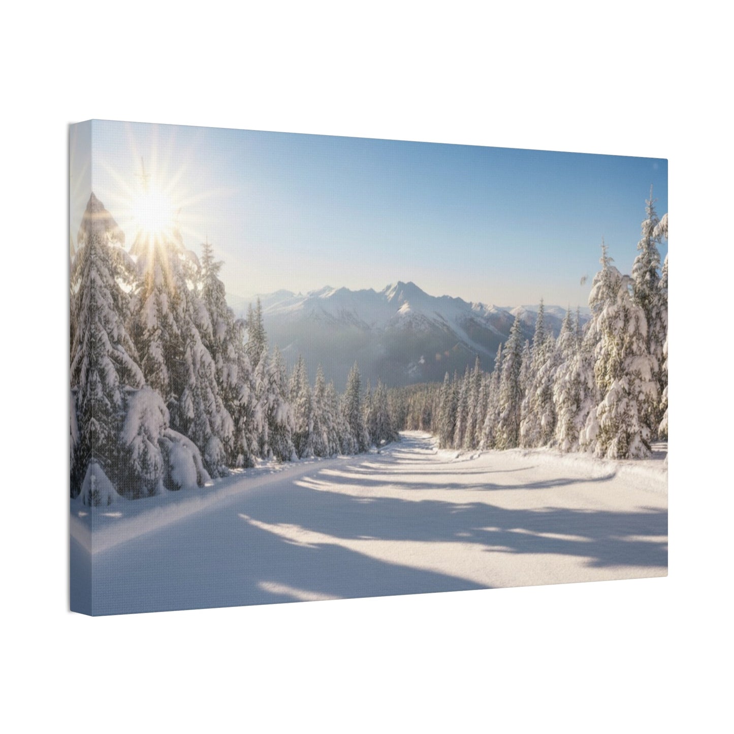 Canvas wall art featuring a serene wintry trail with snow-covered pine trees and distant mountains under a bright morning sun.