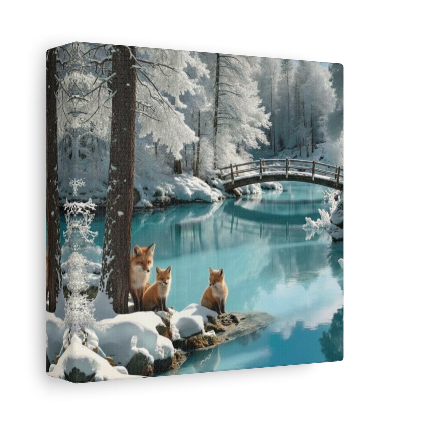 Canvas wall art featuring a winter landscape with three foxes by a snowy river and wooden bridge on matte canvas.