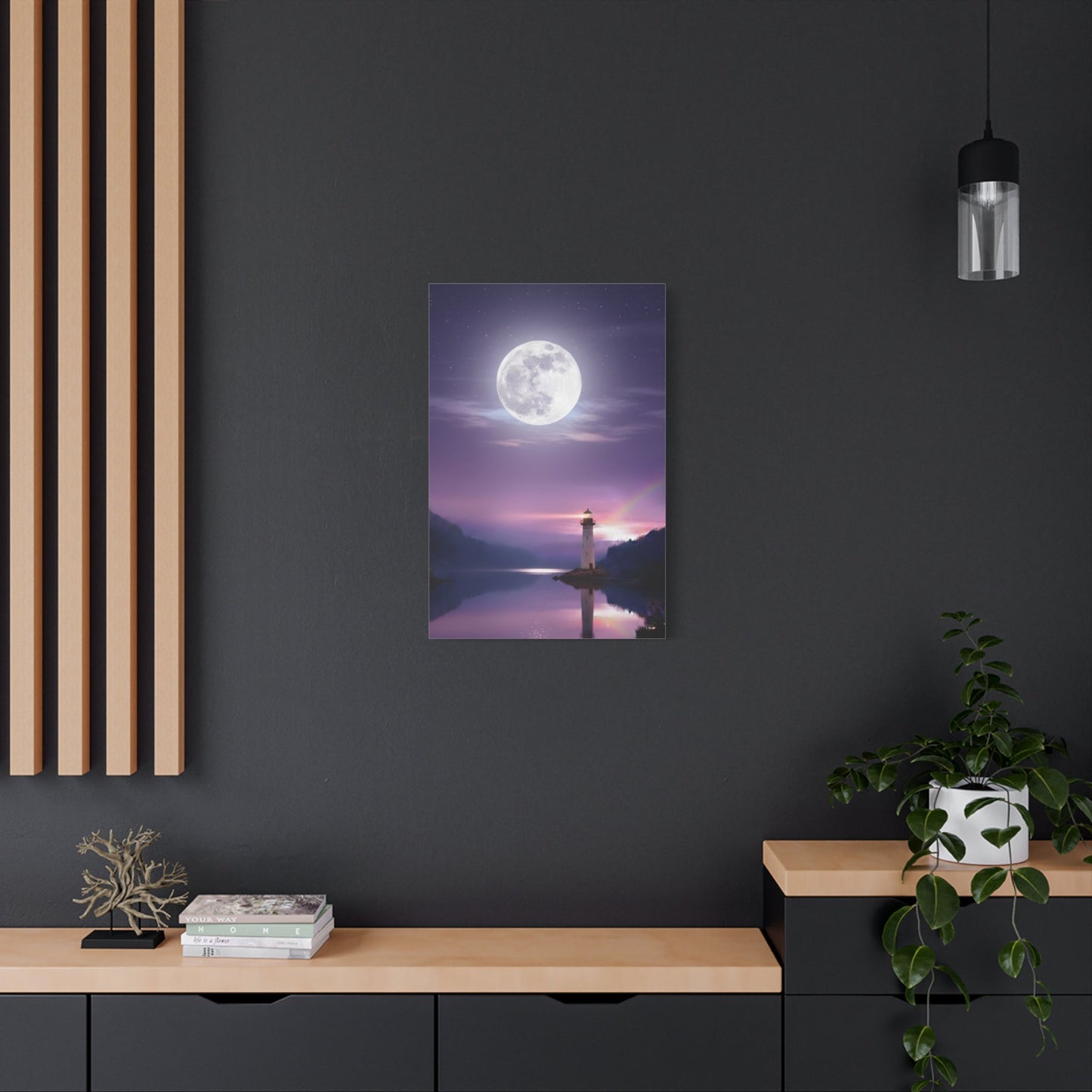 Canvas wall art featuring a serene full moon and lighthouse reflected on a calm lake in violet and indigo tones.
