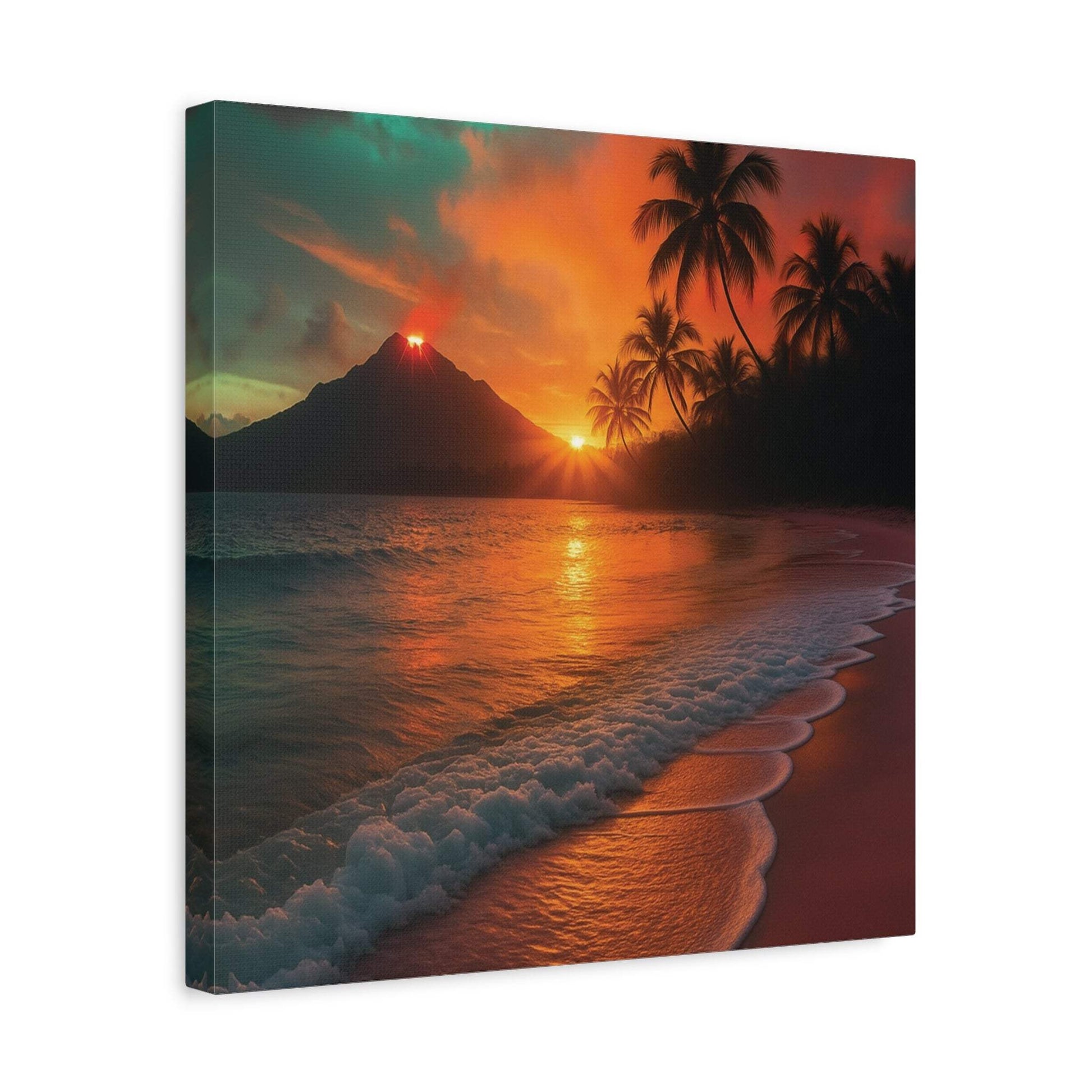 Canvas wall art of red lava flowing at sunrise reflecting on ocean with palm trees and beach.