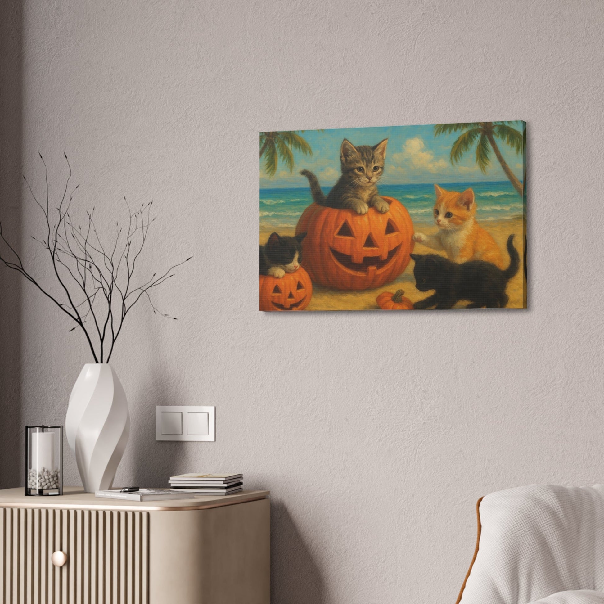 Canvas-Pumpkin Kittens wall art featuring playful kittens with pumpkins on a beach, perfect Halloween and autumn home decor for cat lovers.