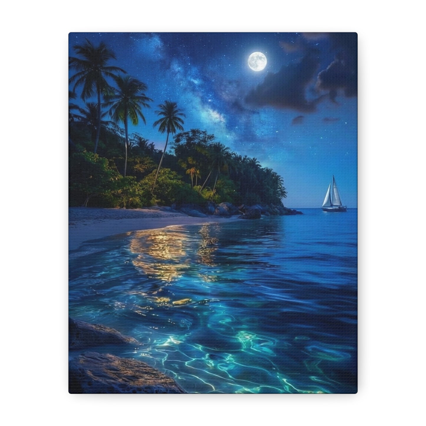 Moonlit Tropical Beach Canvas Wall Art — Night Sail Ocean Landscape