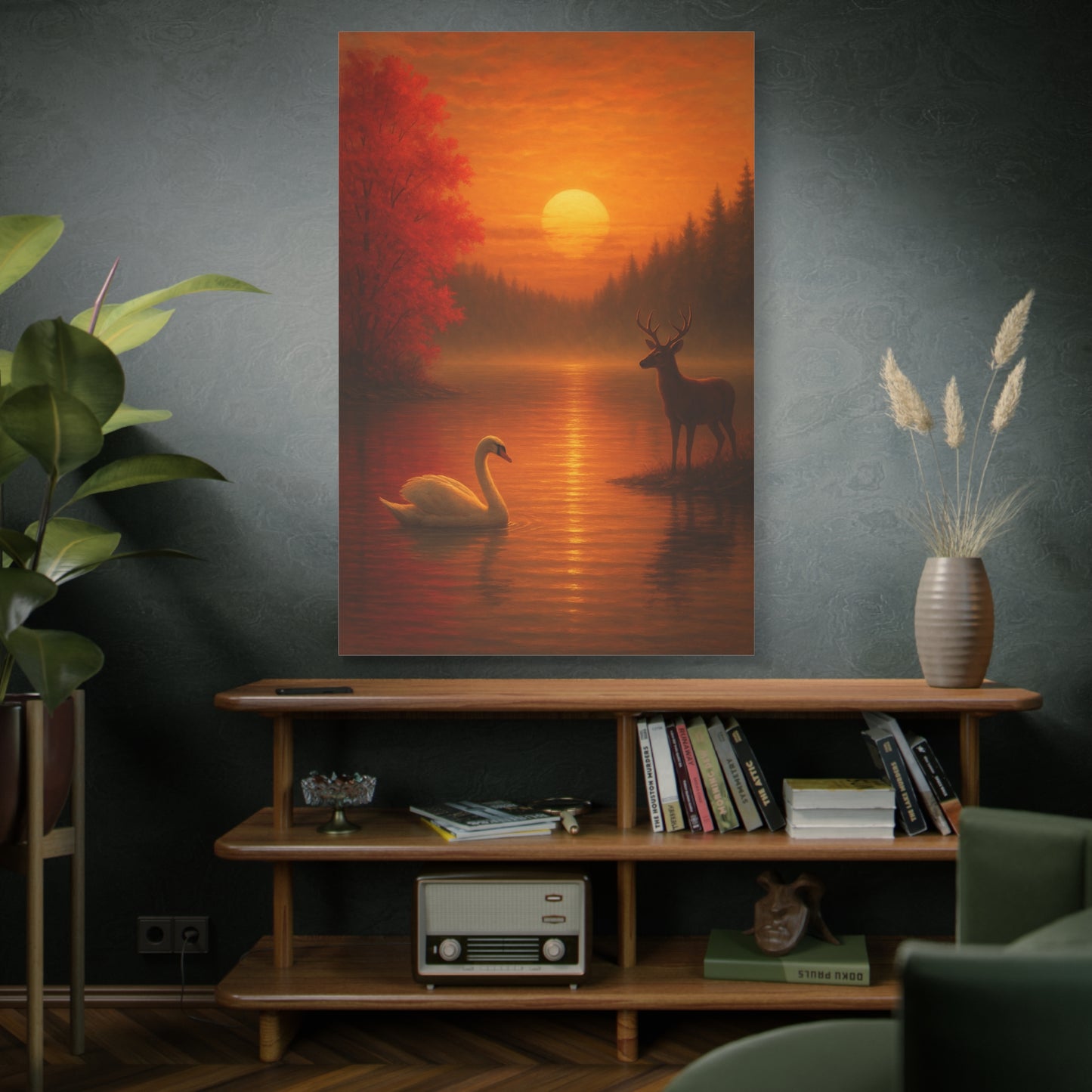 Dusk on the Autumn lake with swan and deer during sunset(Pair: 1 OF2)