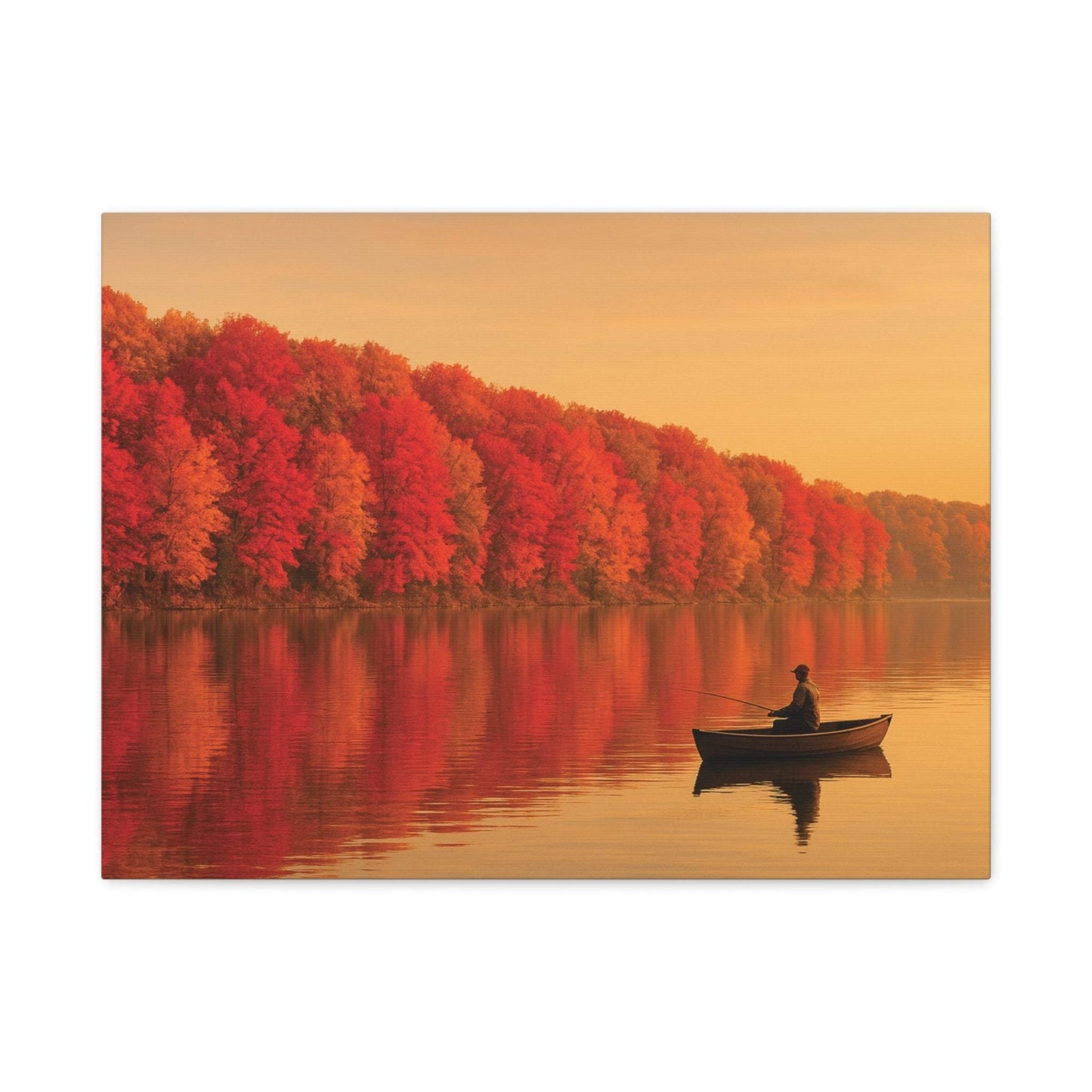 Wall art canvas of a serene autumn lake with colorful foliage and a person fishing in a boat at sunset