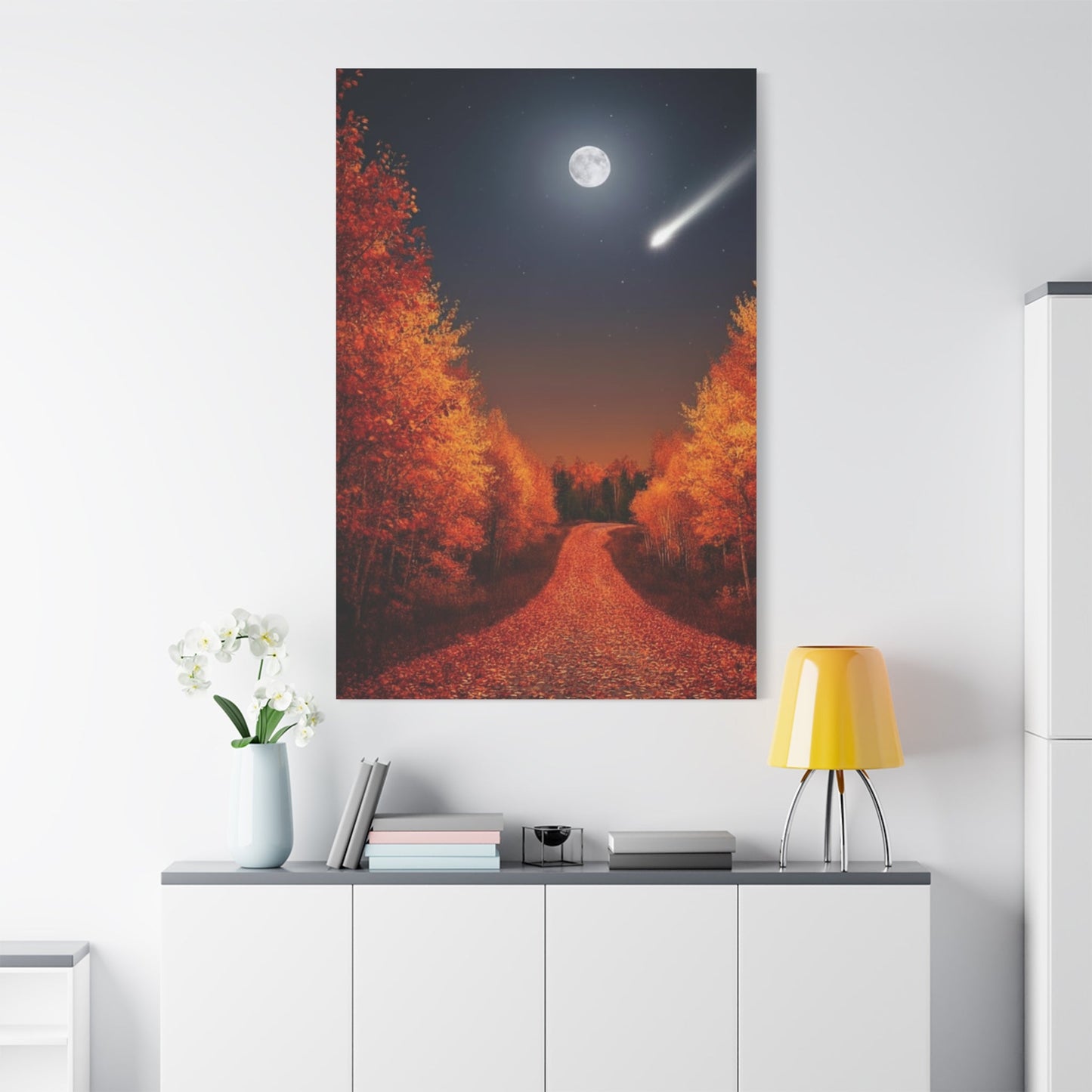 Canvas wall art featuring an autumn forest road under a full moon and shooting star