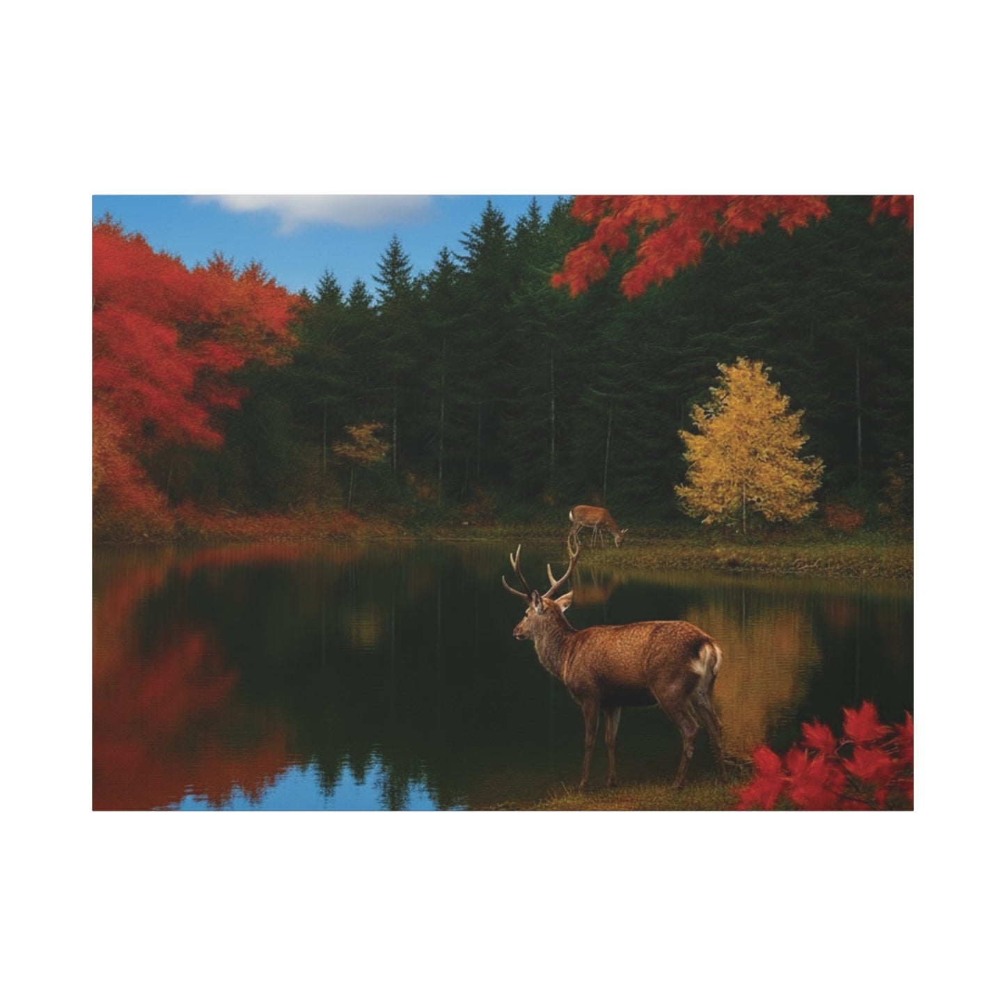 Autumn foliage and Deer by the lake Canvas wall art print