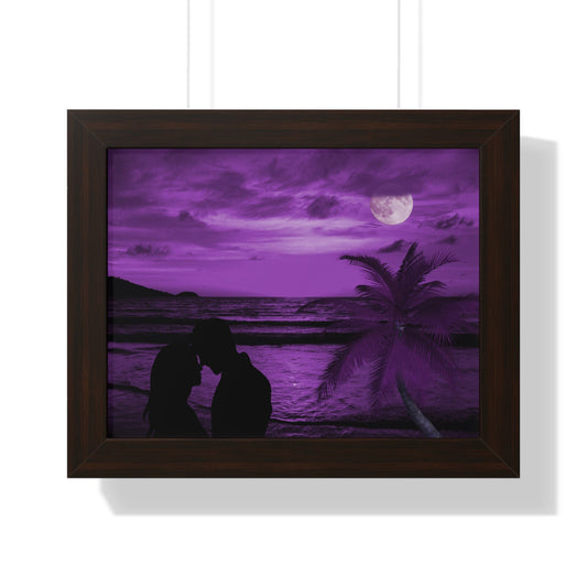 Romantic Purple Framed Poster featuring a beach couple silhouette under a moonlit sky with palm trees and ocean waves