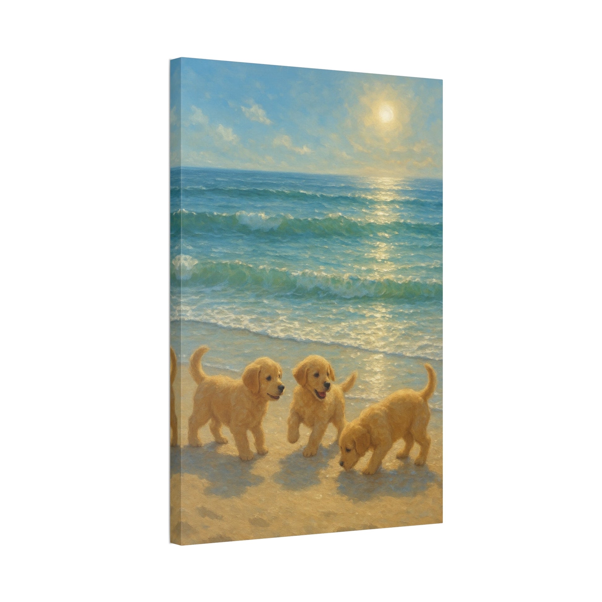 Abstract canvas wall art of three Golden Retriever puppies playing on a sunlit beach with turquoise waves and golden sunlight reflection