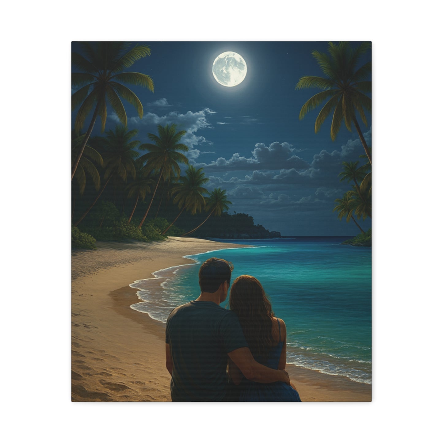 Moonlit Beach Lovers Canvas Wall Art - Stretched Matte Wall Art
