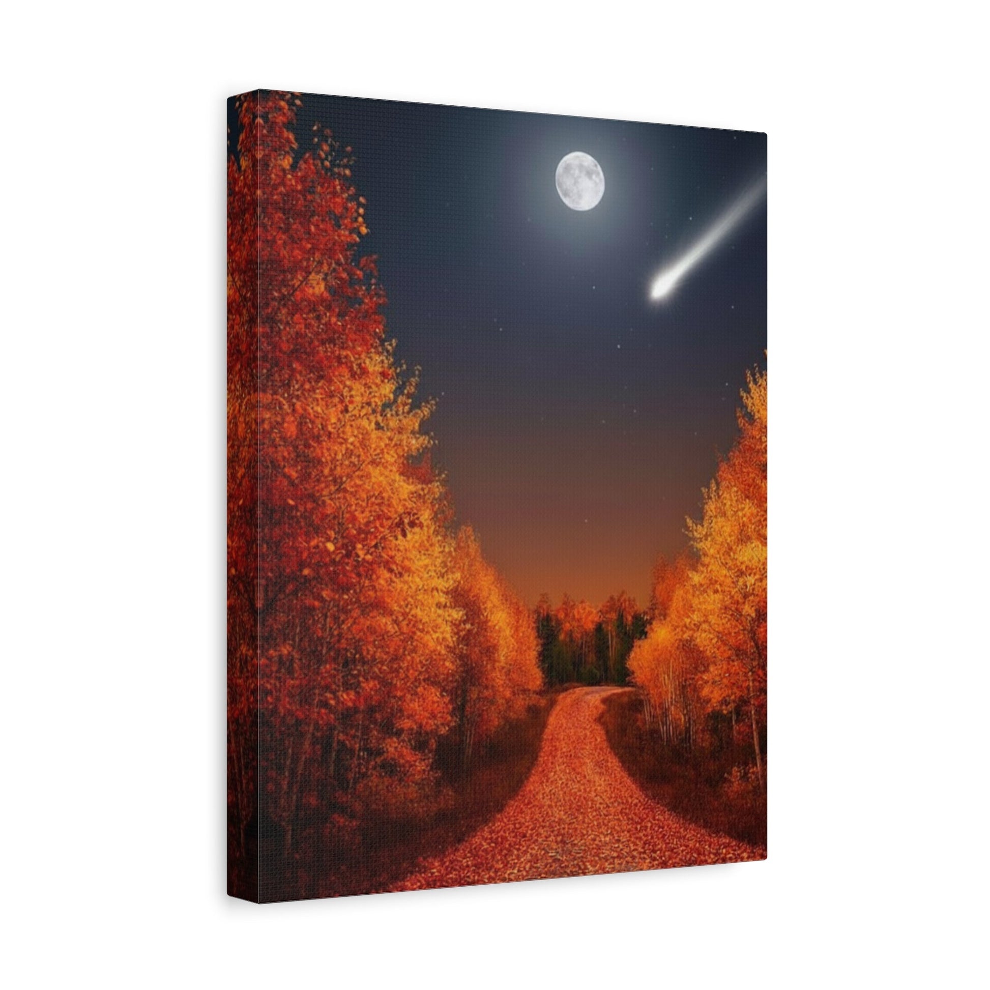 Canvas wall art depicting a quiet autumn forest road under a full moon and shooting star with vibrant fall foliage