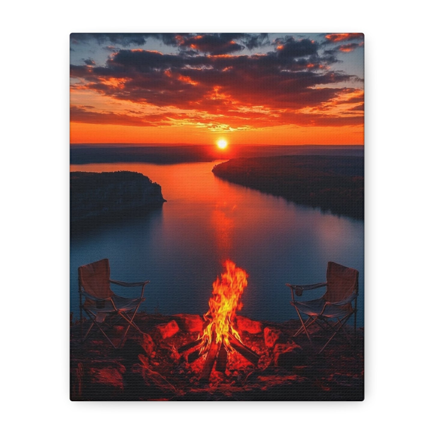 Red Sunset River Canvas — Relaxing by Fire Matte Stretched Wall Art