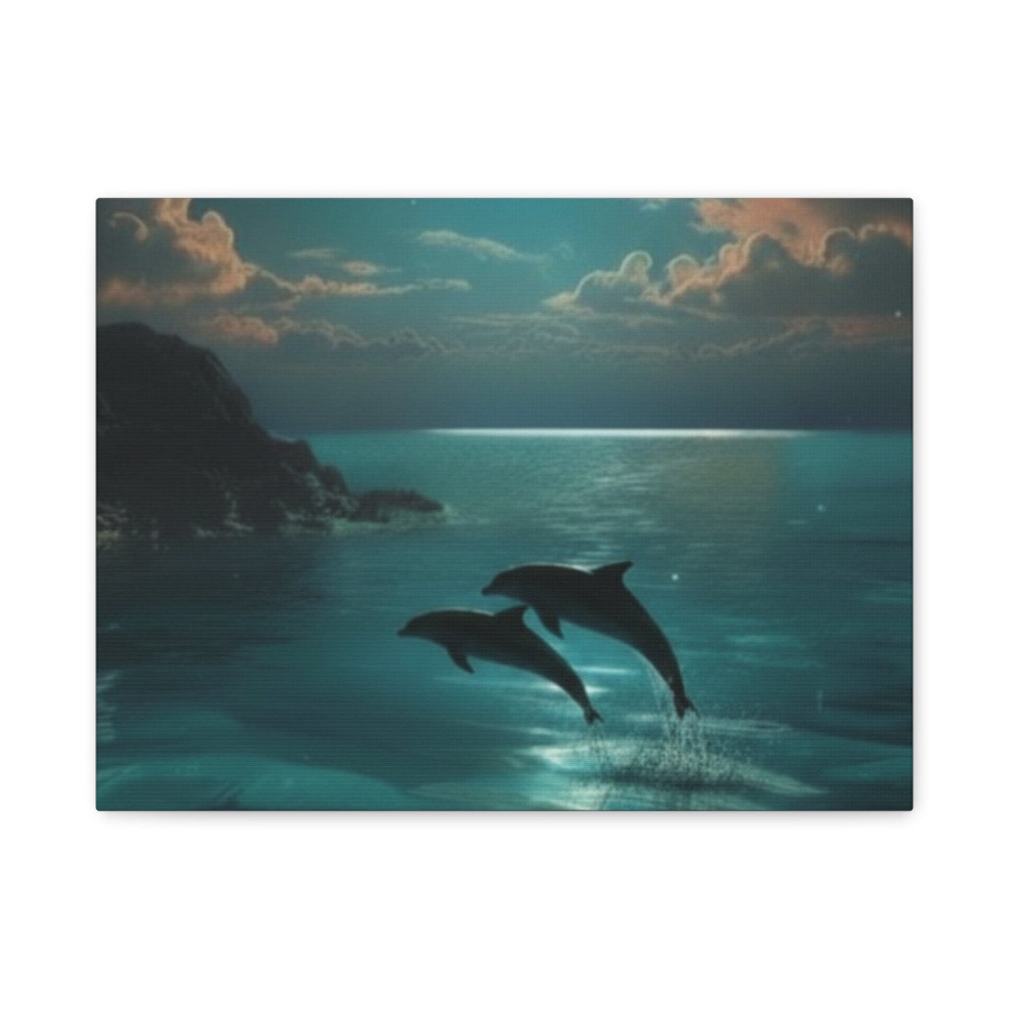 Dolphins in Turquoise Moonlit Ocean Canvas Wall Art