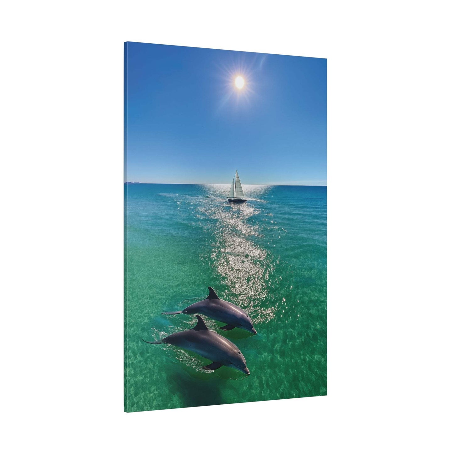 Wall Art Canvas Print of ocean scene with sailboat and dolphins under bright sun