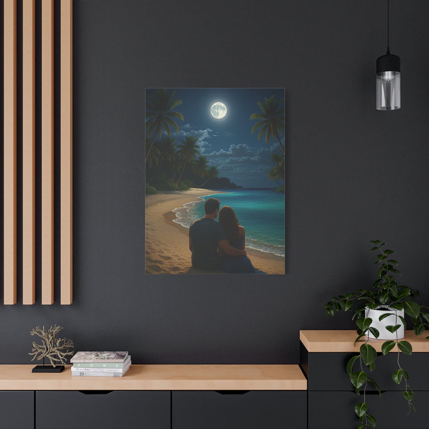 Moonlit Beach Lovers Canvas Wall Art - Stretched Matte Wall Art