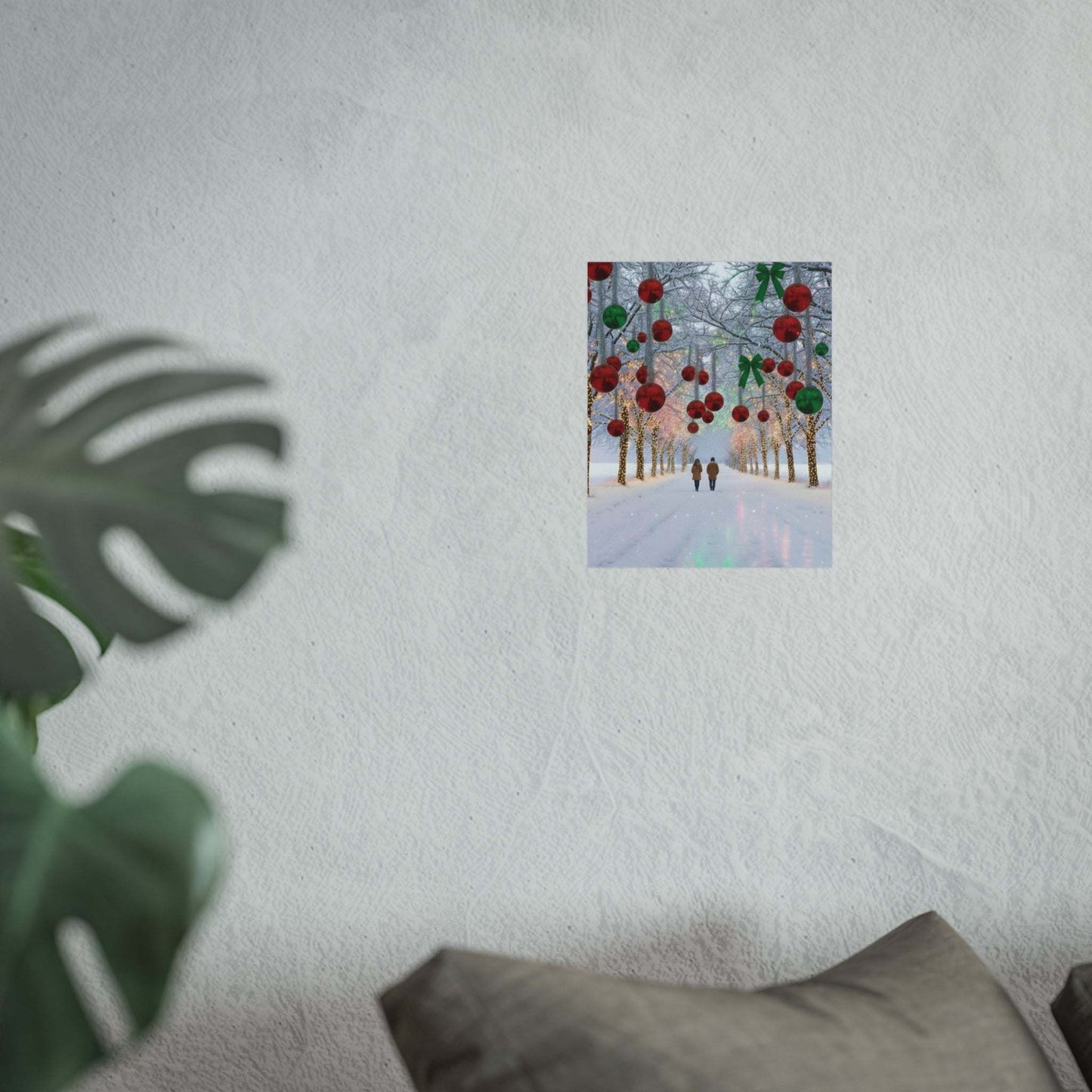 Couple walking under hanging winter Christmas lights poster on wall in cozy room
