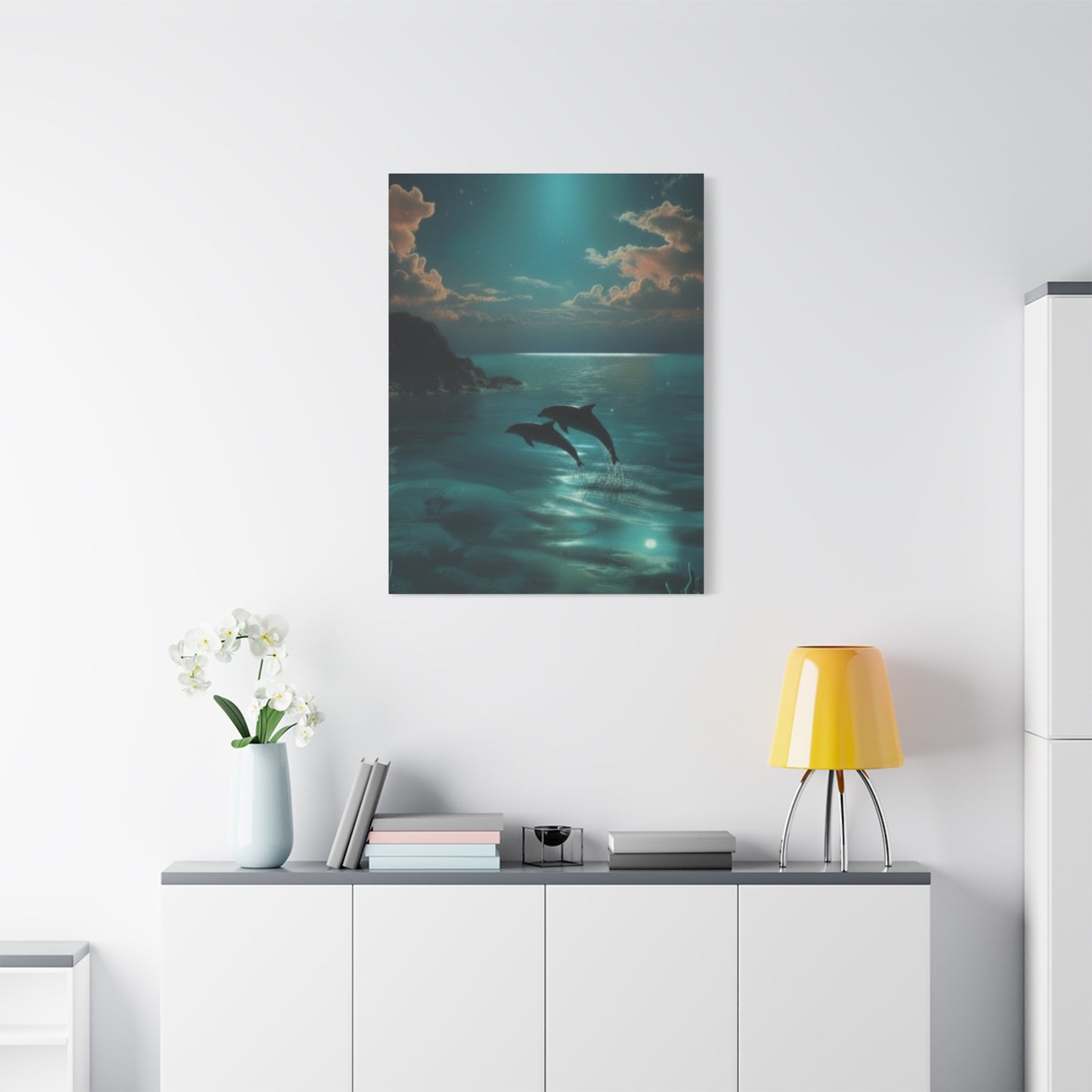 Dolphins in Turquoise Moonlit Ocean Canvas Wall Art