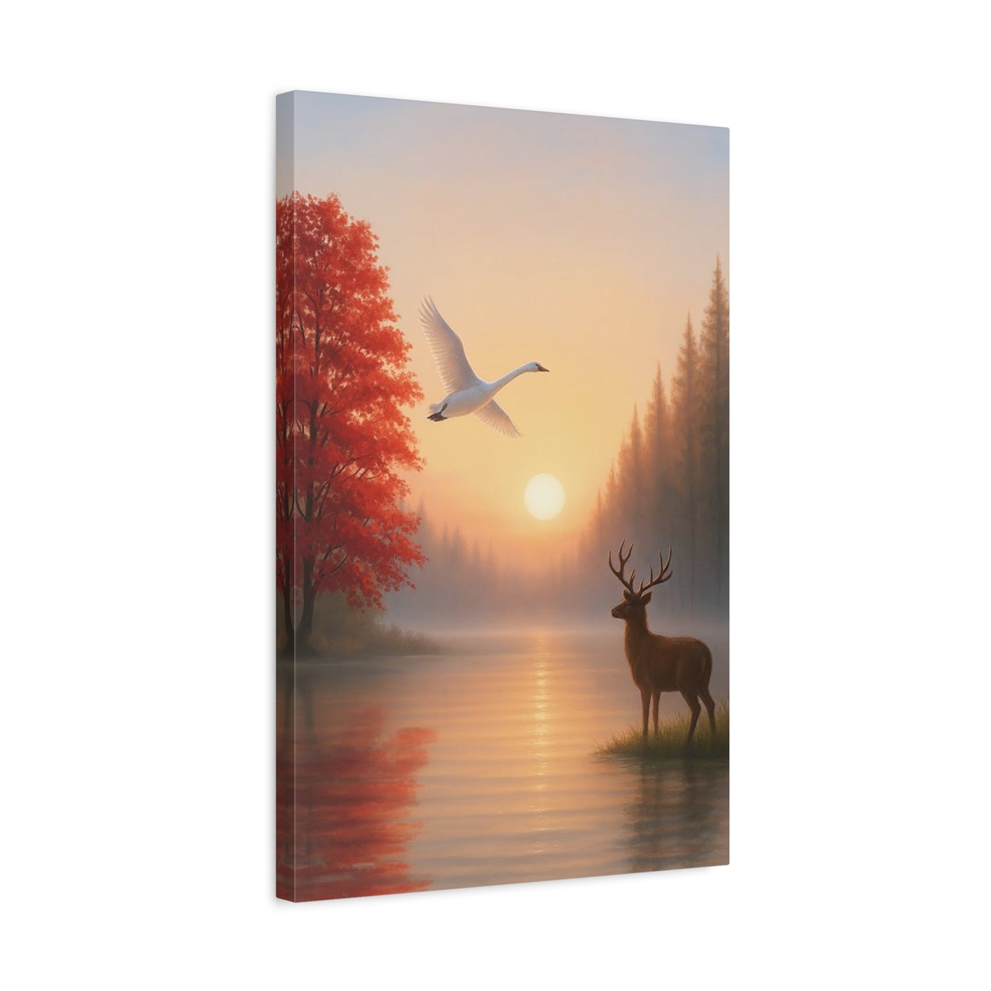Wall Art Stretched canvas featuring serene sunrise with deer and swan over calm lake