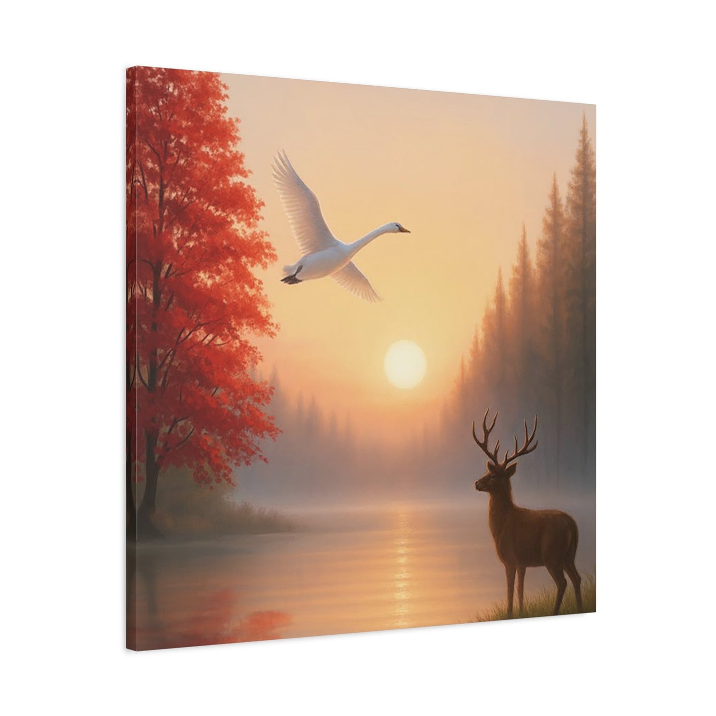 Wall art stretched canvas featuring a serene dawn scene with a flying swan, glowing sun, red tree, and a deer by a misty lake.