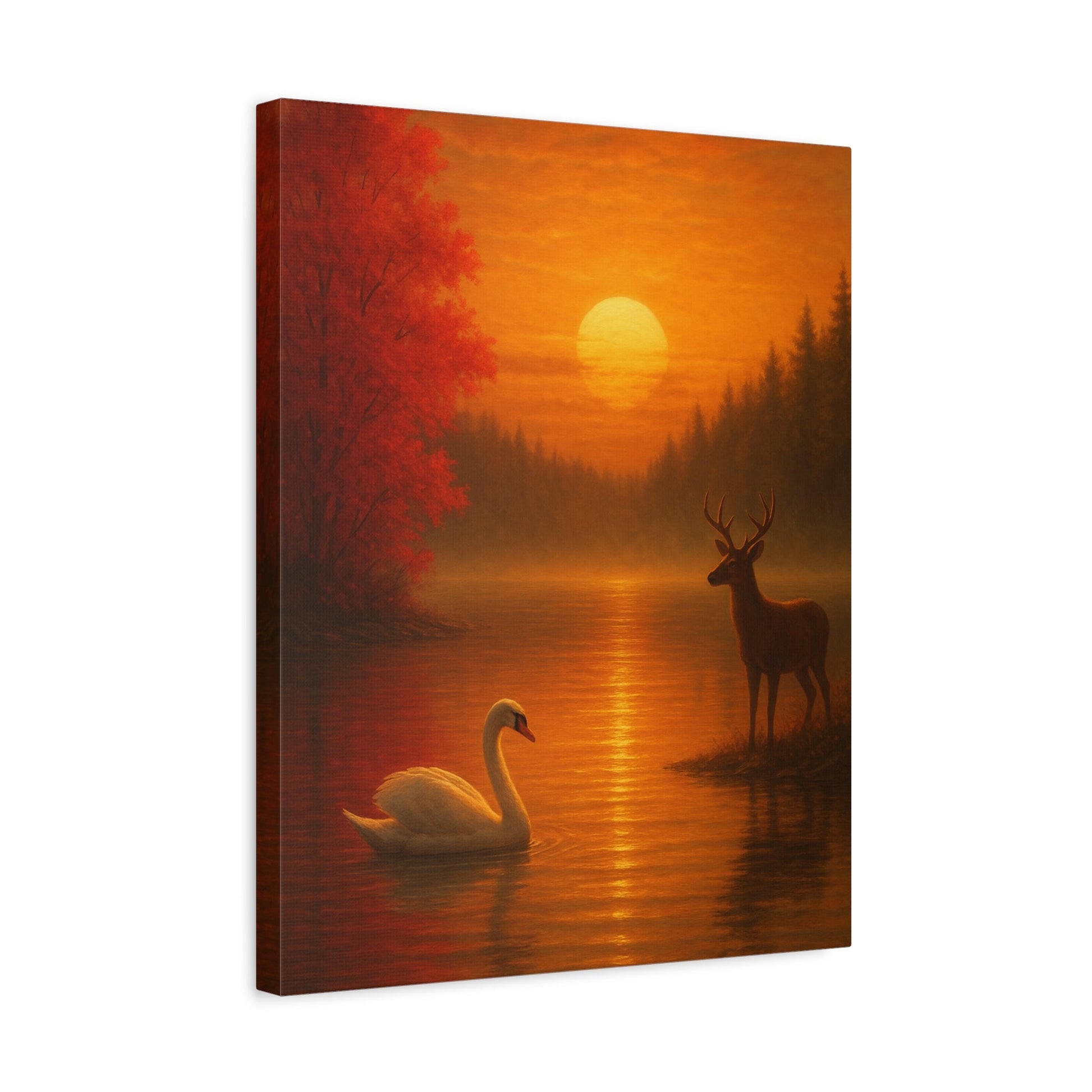 Dusk on the Autumn Lake Sunset canvas art with swan, deer, and crimson maple leaves at sunset over reflective water.