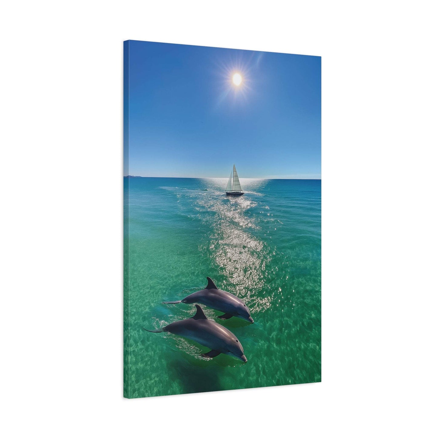 Wall art canvas print of ocean scene with sailboat and dolphins under the sun