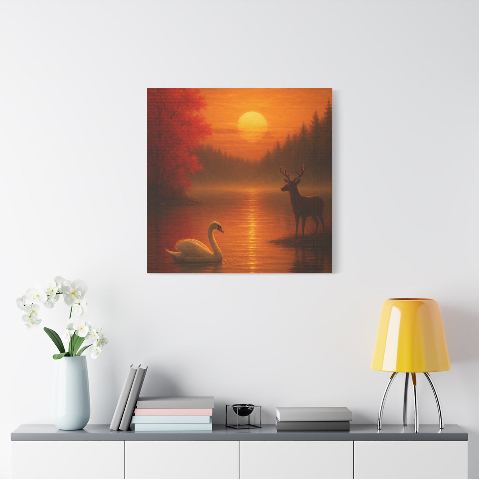 Dusk on the Autumn Lake Sunset canvas wall art with swan, deer, and fiery sunset over lake and autumn forest