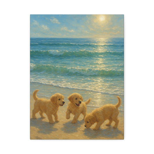 Abstract canvas art of three Golden Retriever puppies playing on sunlit beach with turquoise waves and golden sunlight reflection