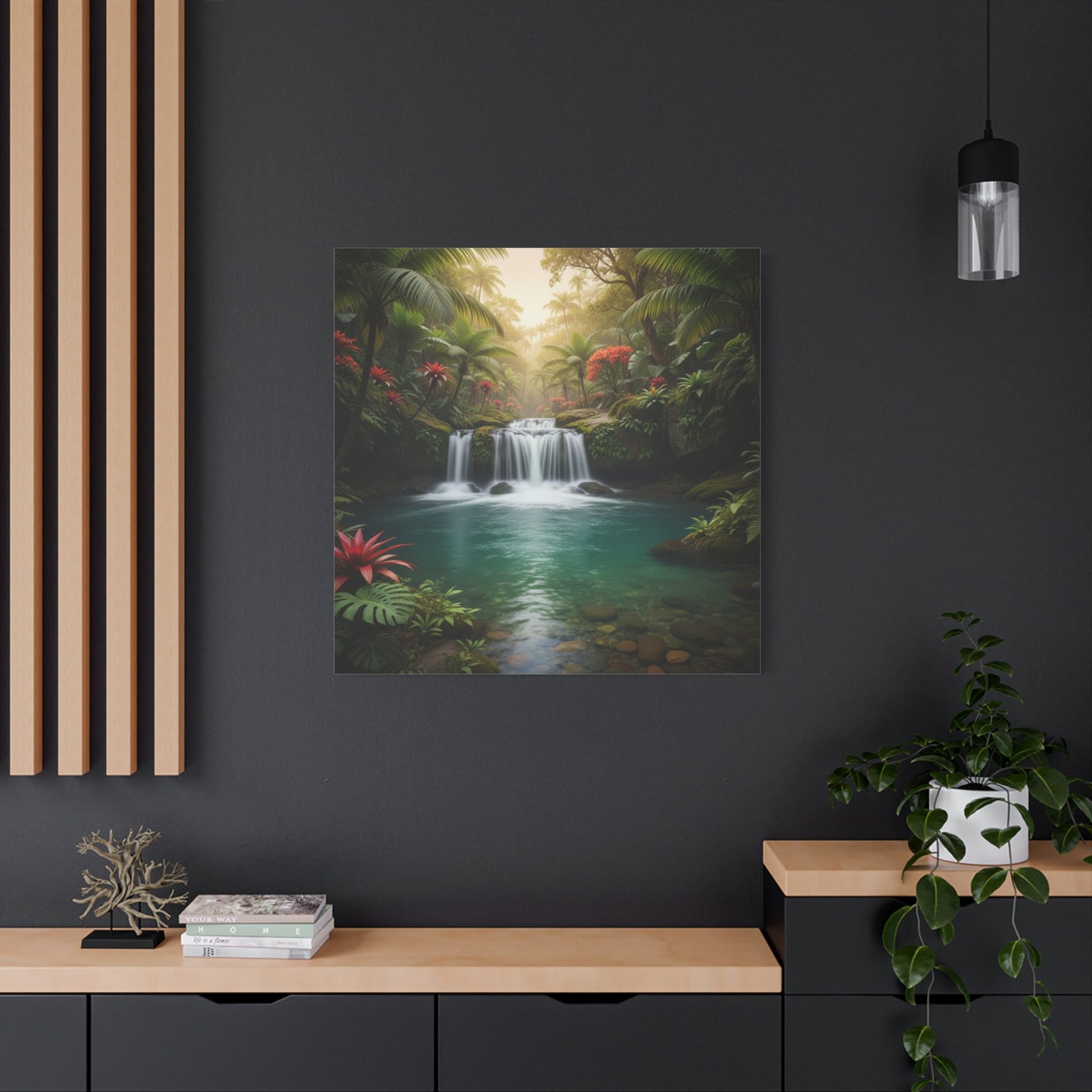 Canvas wall art of tropical waterfall surrounded by lush greenery in modern living room