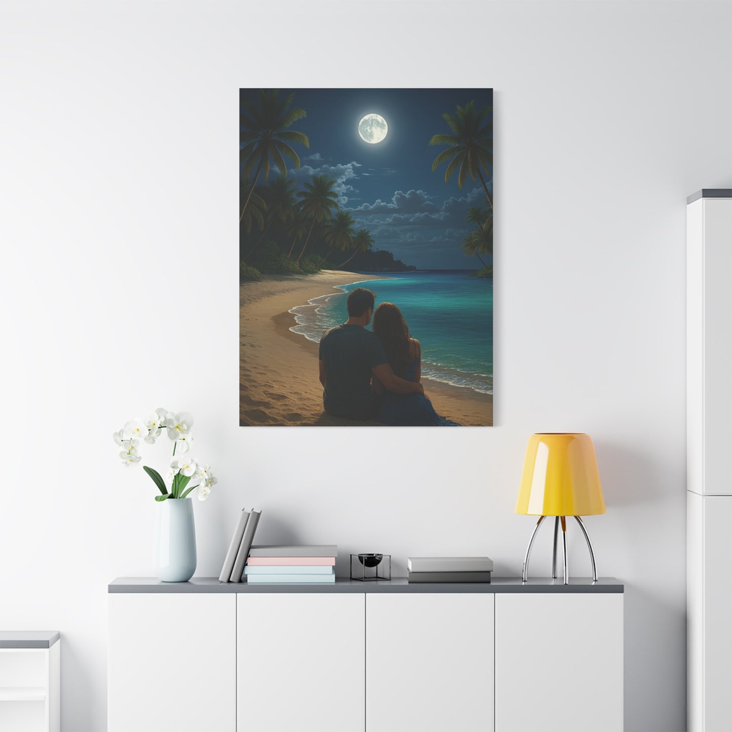 Moonlit Beach Lovers Canvas Wall Art - Stretched Matte Wall Art