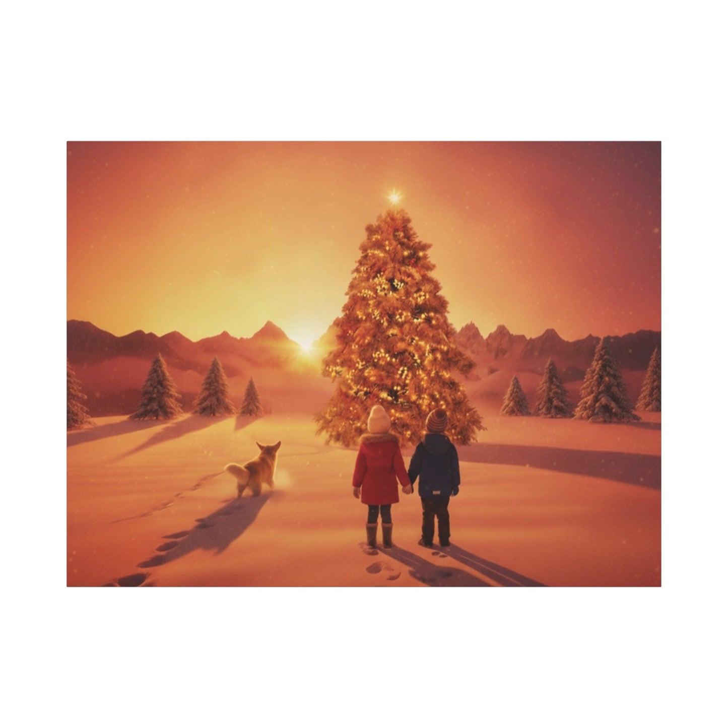 Canvas wall art depicting children and a dog admiring a glowing Christmas tree at sunrise in a snowy landscape