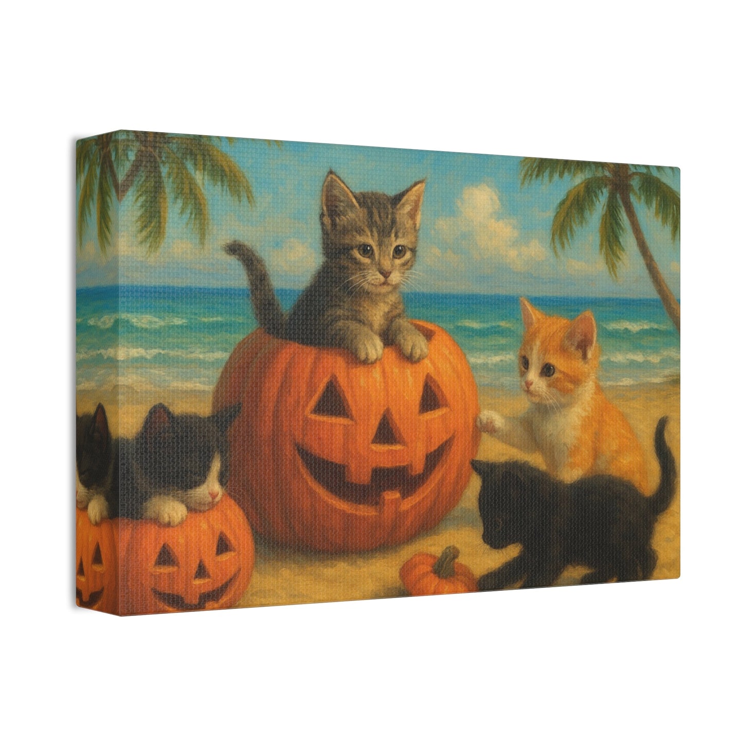 Canvas-Pumpkin Kittens wall art with adorable kittens playing around pumpkins on a beach, cute fall and Halloween decor for cat lovers
