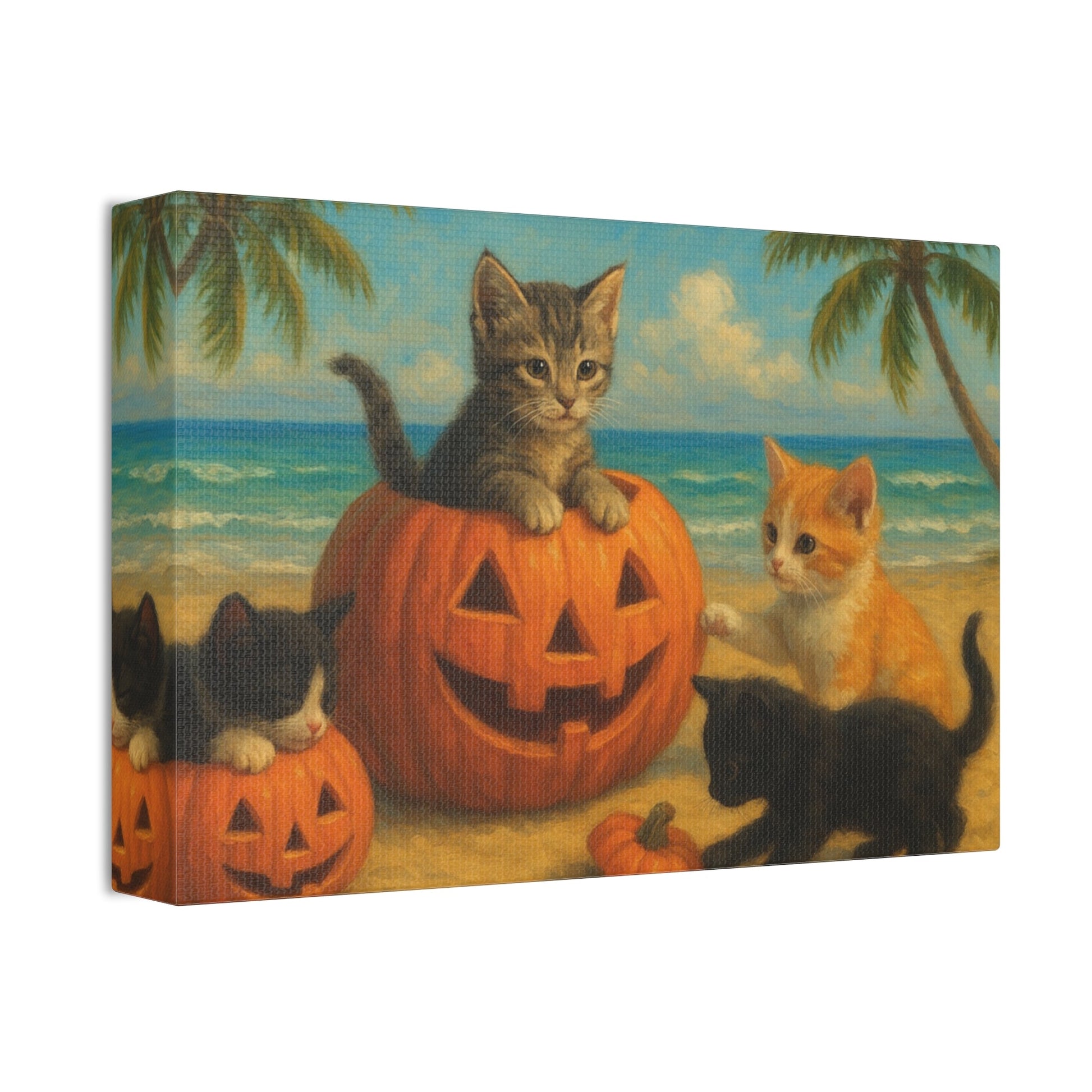 Canvas-Pumpkin Kittens wall art with adorable kittens playing around pumpkins on a beach, cute fall and Halloween decor for cat lovers