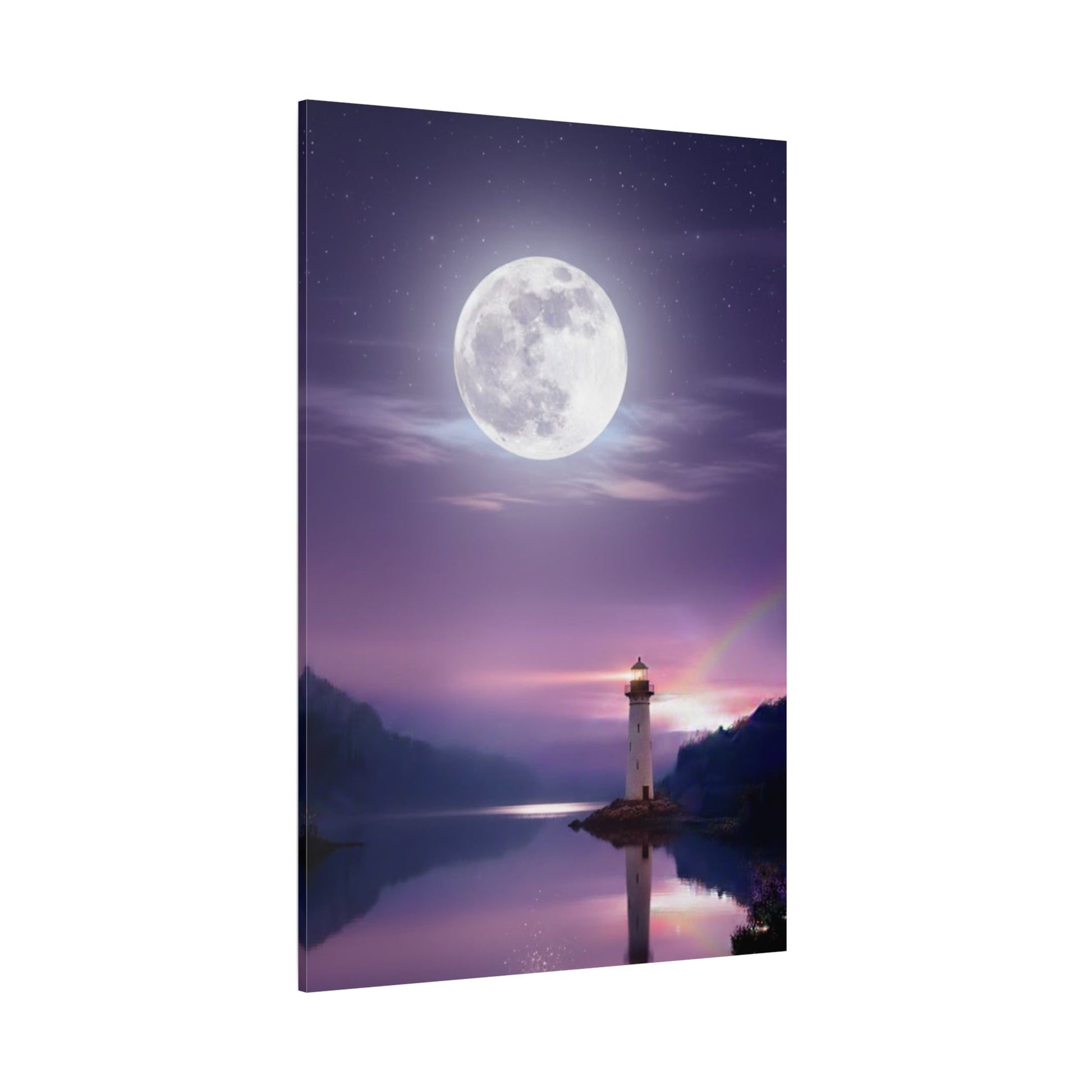 Canvas wall art of a serene full moon over a mirror-smooth lake with a glowing lighthouse in violet and indigo tones