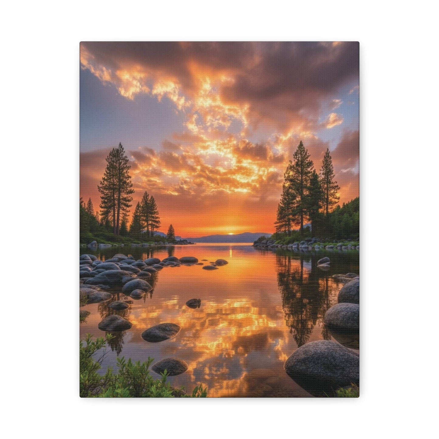 Canvas wall art of sunrise over a serene pine tree path with golden light reflecting on water