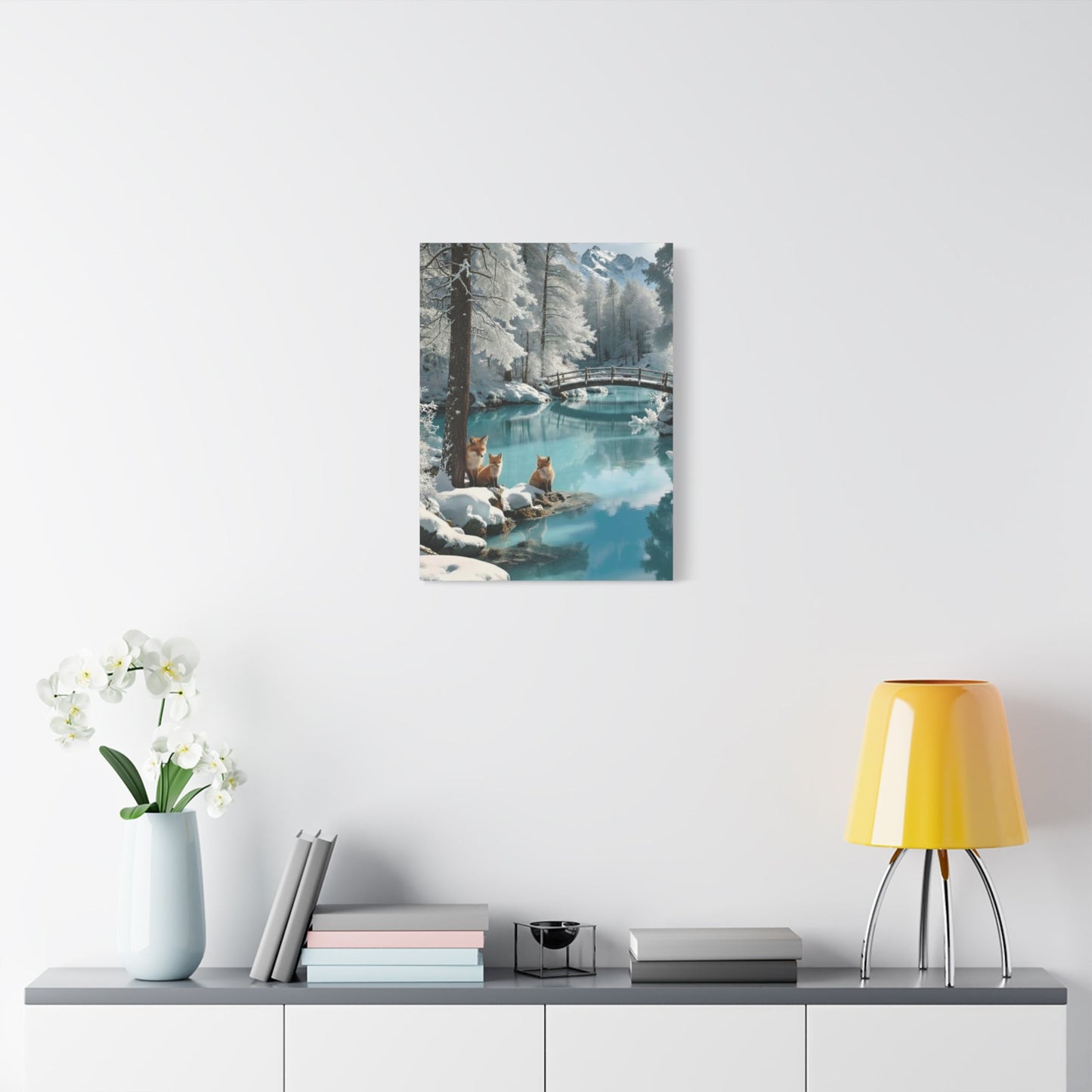 Canvas wall art featuring winter foxes by a serene snowy river with a bridge, perfect for cozy home decor