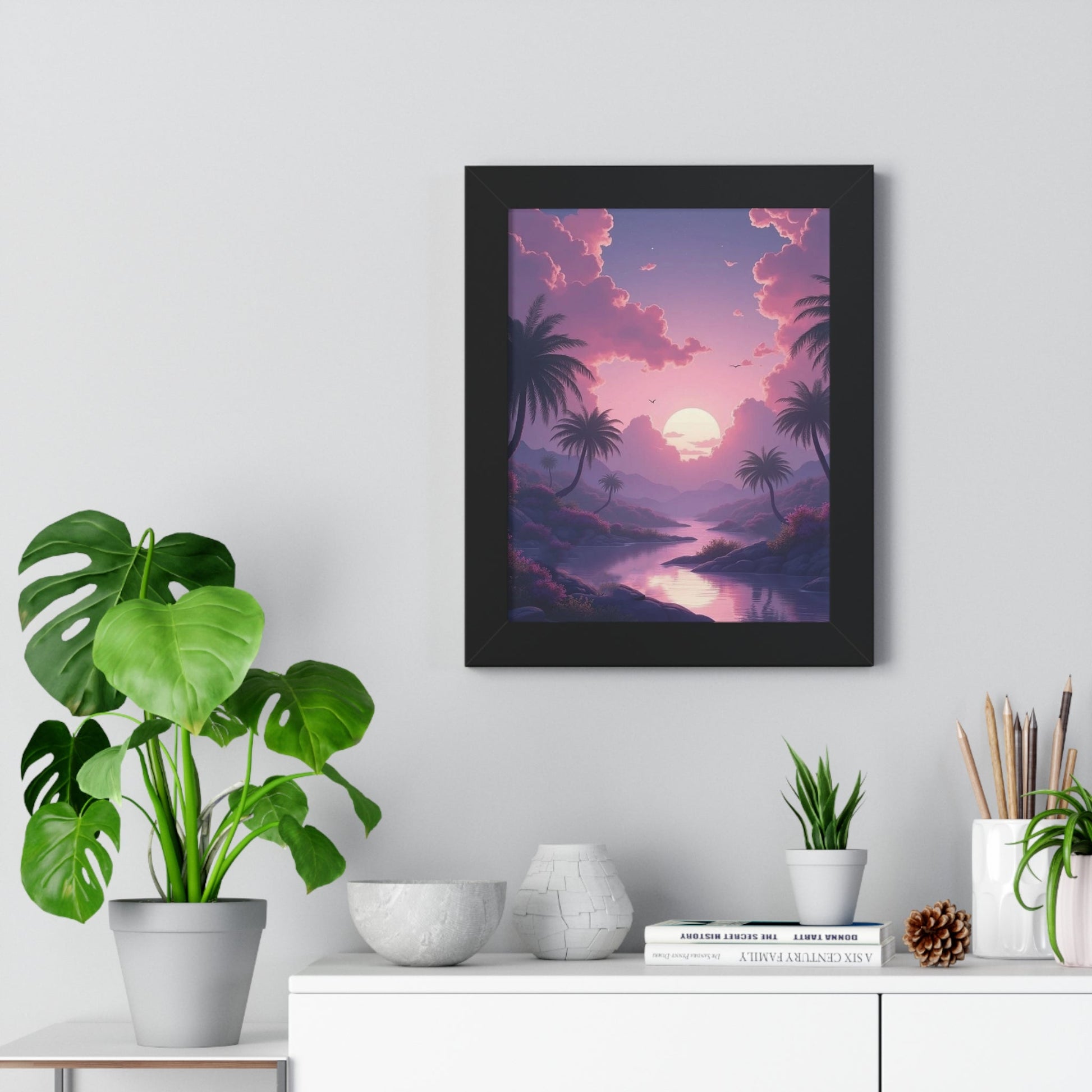 Tropical Sunset Framed Poster featuring serene beach sunset with palm trees, perfect relaxing wall art for living room décor and nature lovers.