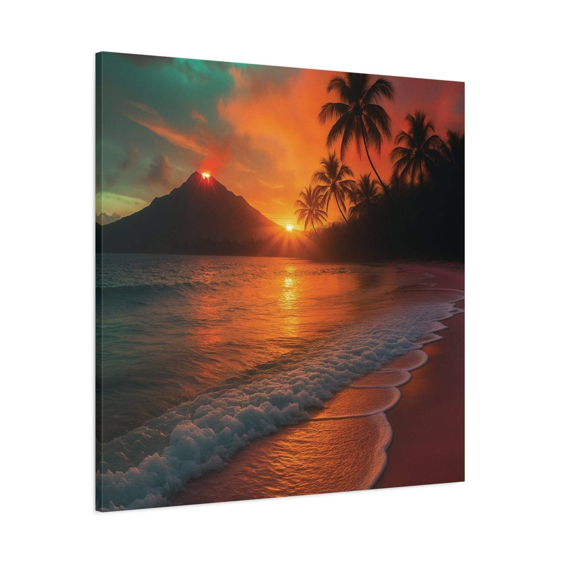 Canvas wall art of lava flowing with a sunrise over the ocean reflecting on the beach.
