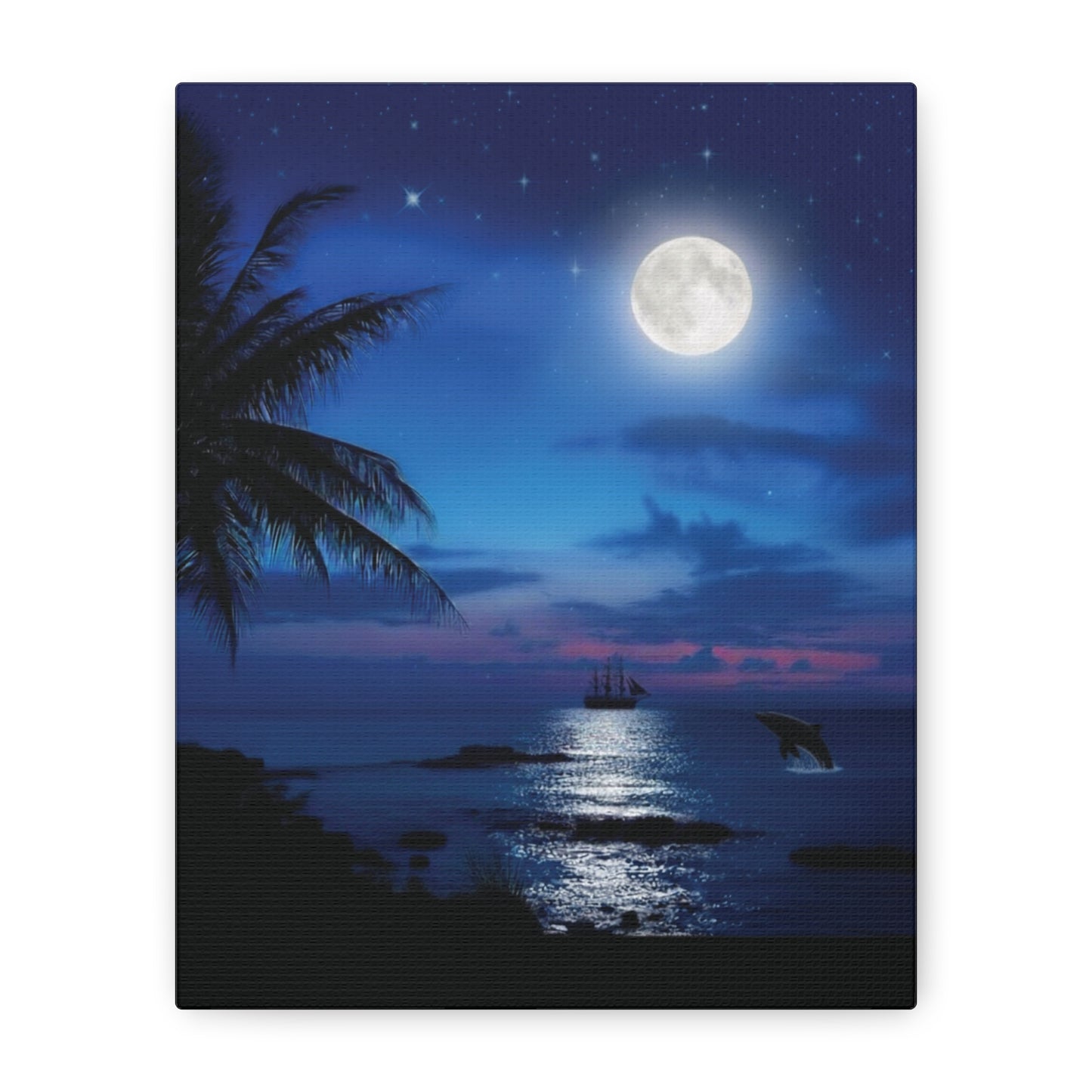 Blue Sky Moon lit Tropical Escape Canvas Wall Art