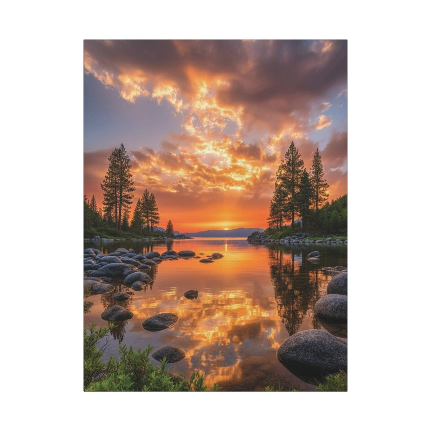 Canvas wall art depicting a vibrant sunrise over an evergreen path with reflections on calm water.