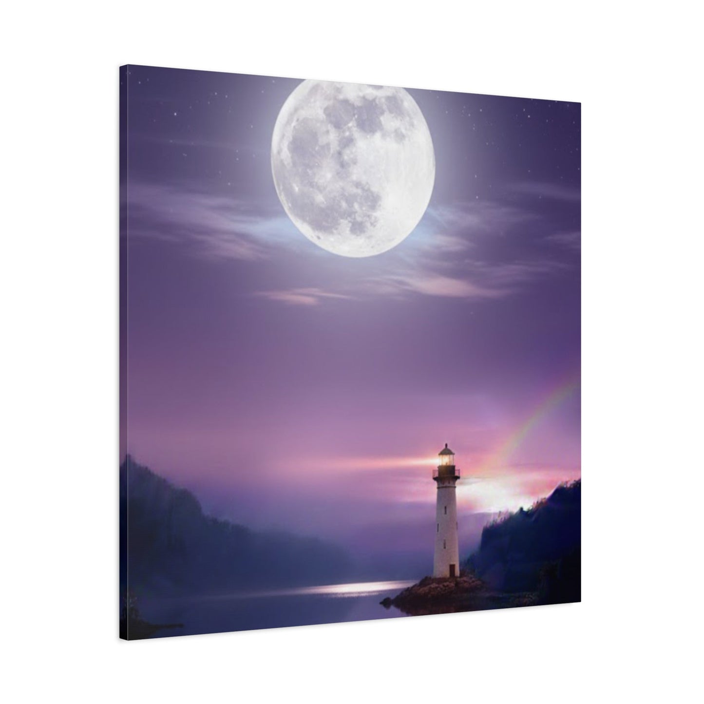 Canvas wall art featuring a tranquil lighthouse and full moon over a mirror-smooth lake in violet and indigo tones