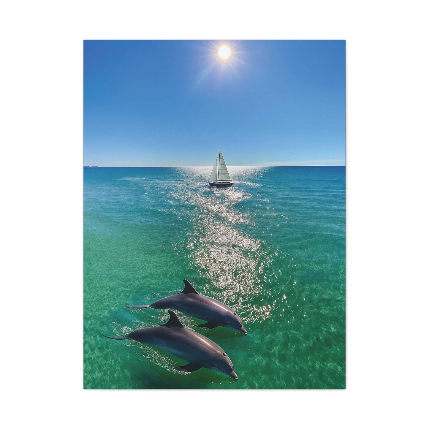 Wall art canvas print of ocean scene with sailboat and dolphins under bright sun