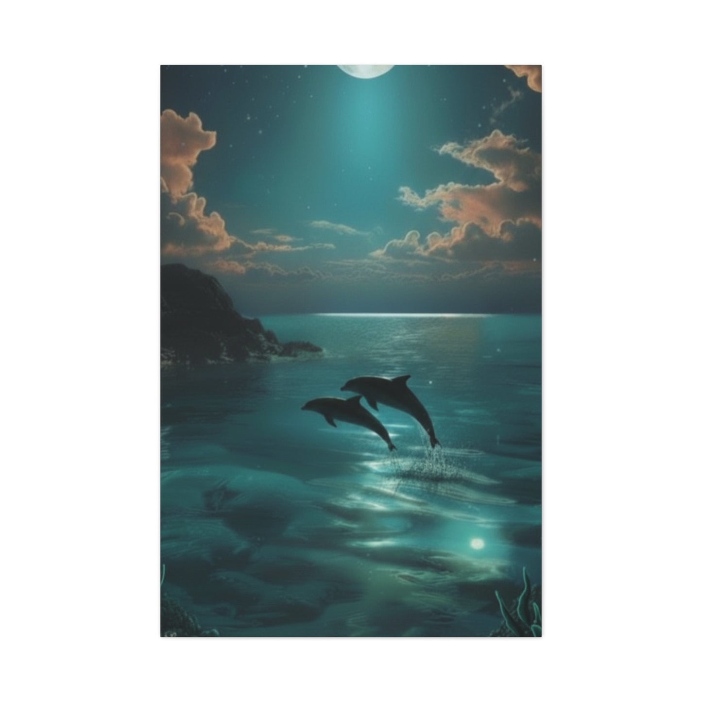 Dolphins in Turquoise Moonlit Ocean Canvas Wall Art