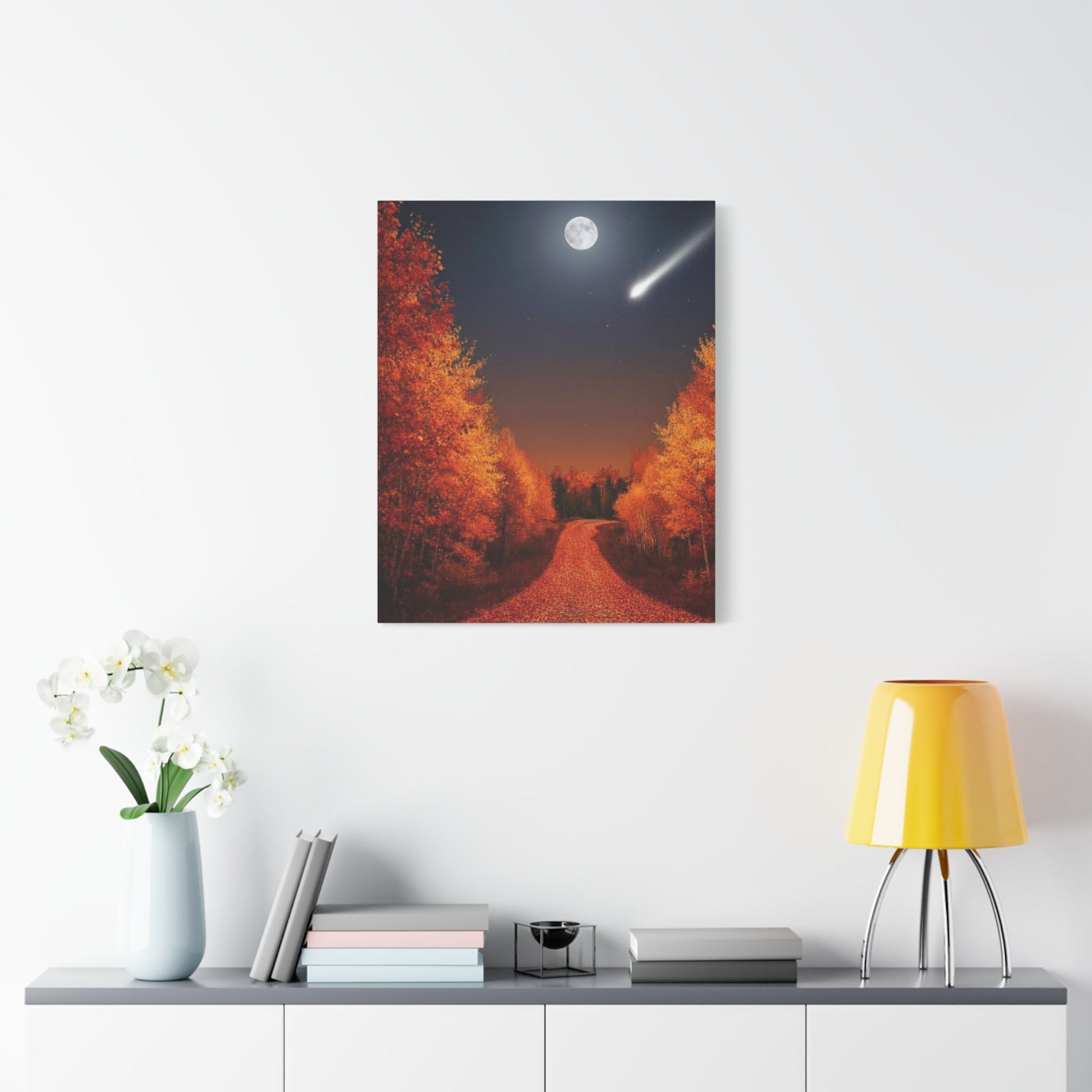 Canvas wall art depicting autumn forest road under full moon and shooting star with vibrant fall foliage