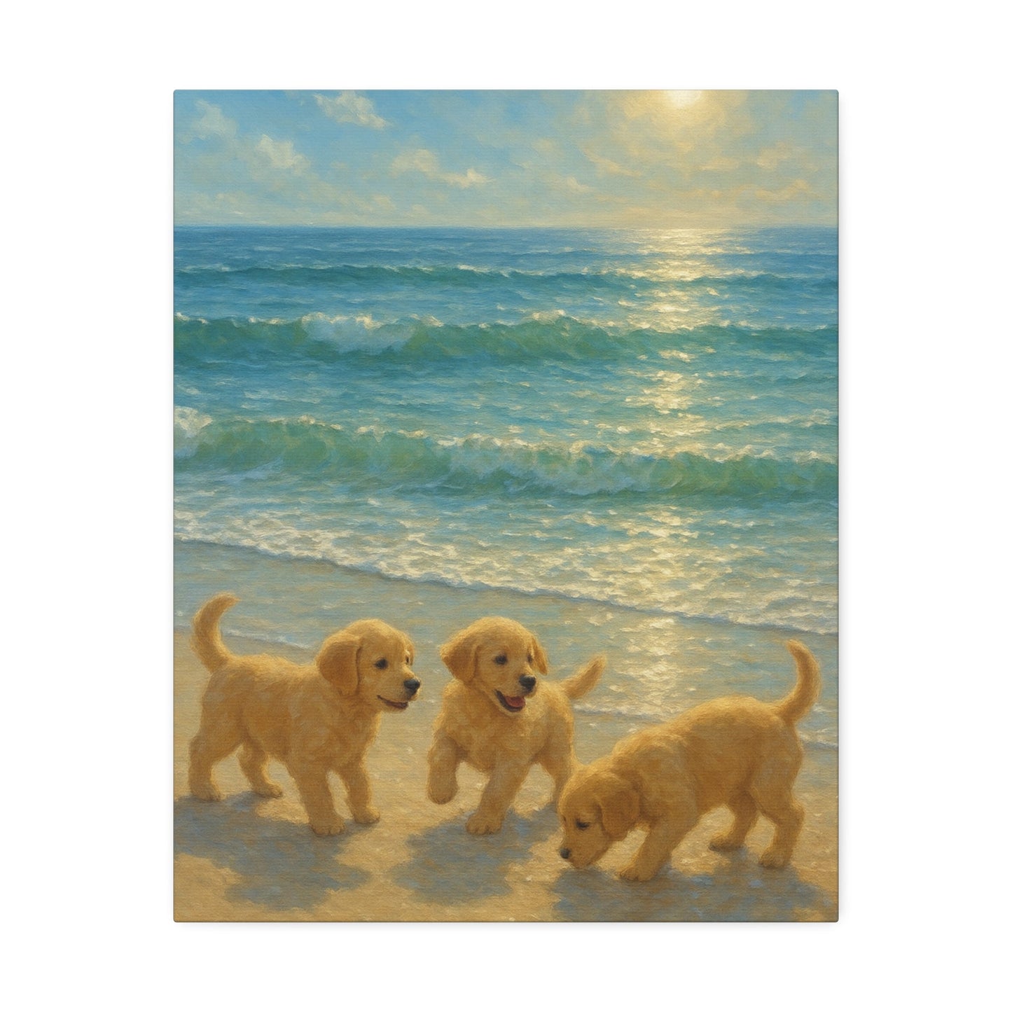 Abstract canvas art of three Golden Retriever puppies playing on sunlit beach with turquoise waves and golden sunlight reflection