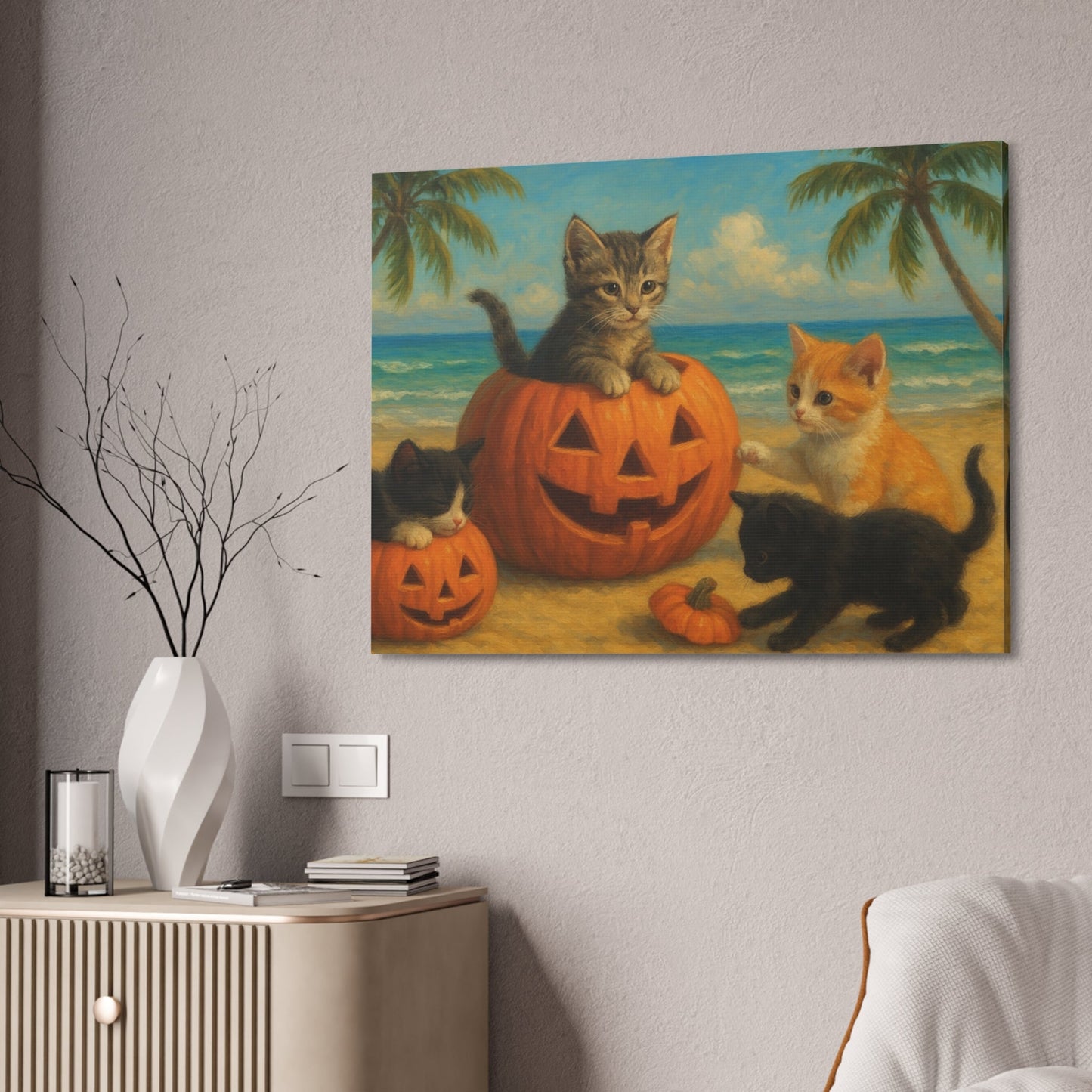 Canvas-Pumpkin Kittens wall art showing cute kittens playing on pumpkins at the beach, Halloween and autumn themed home decor.