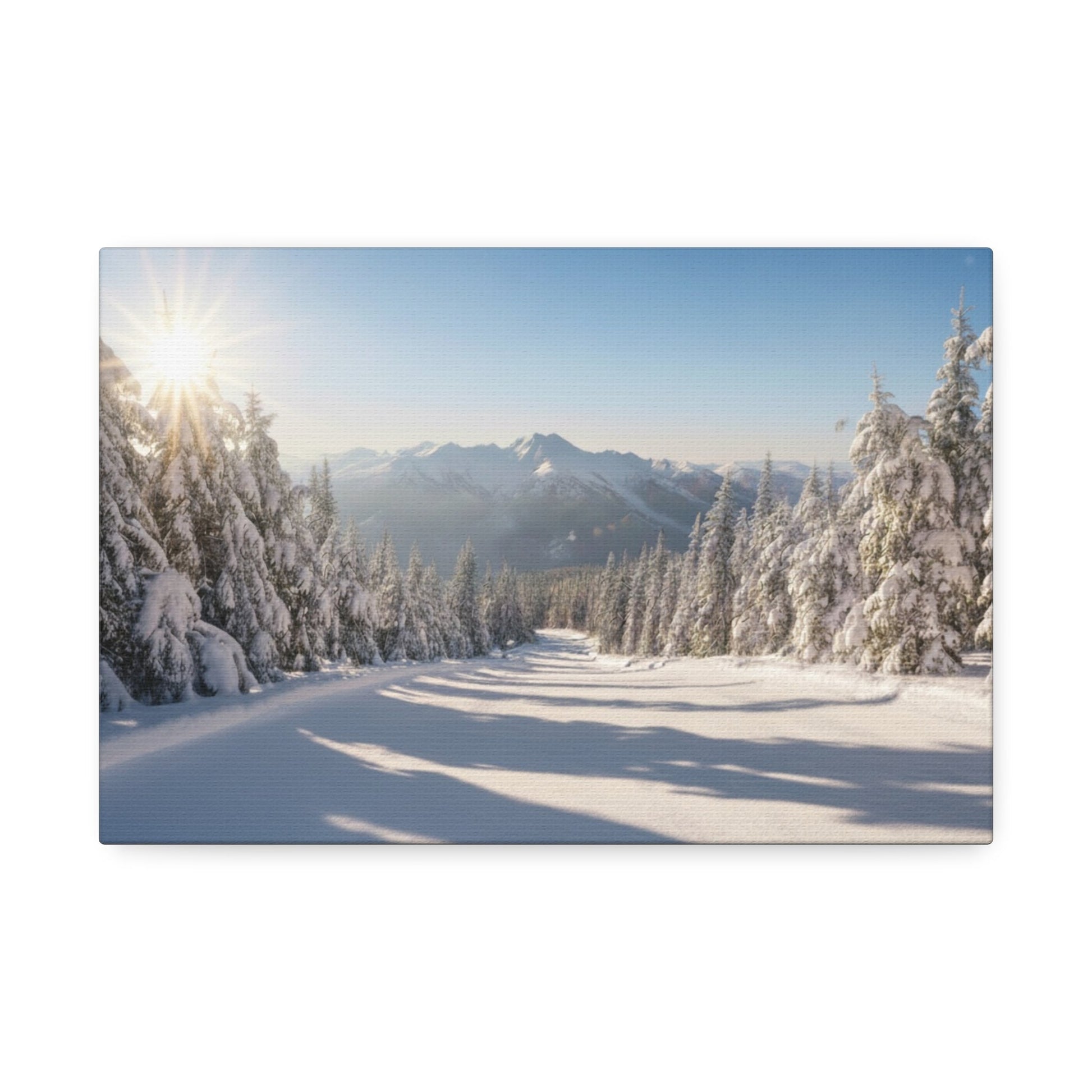 Canvas wall art featuring a serene snowy trail flanked by snow-covered pine trees under a clear morning sky with sun rays.