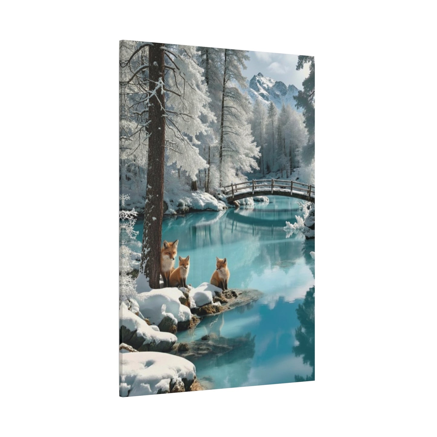 Canvas wall art featuring winter foxes by a snowy river with a wooden bridge and pine trees in a serene landscape