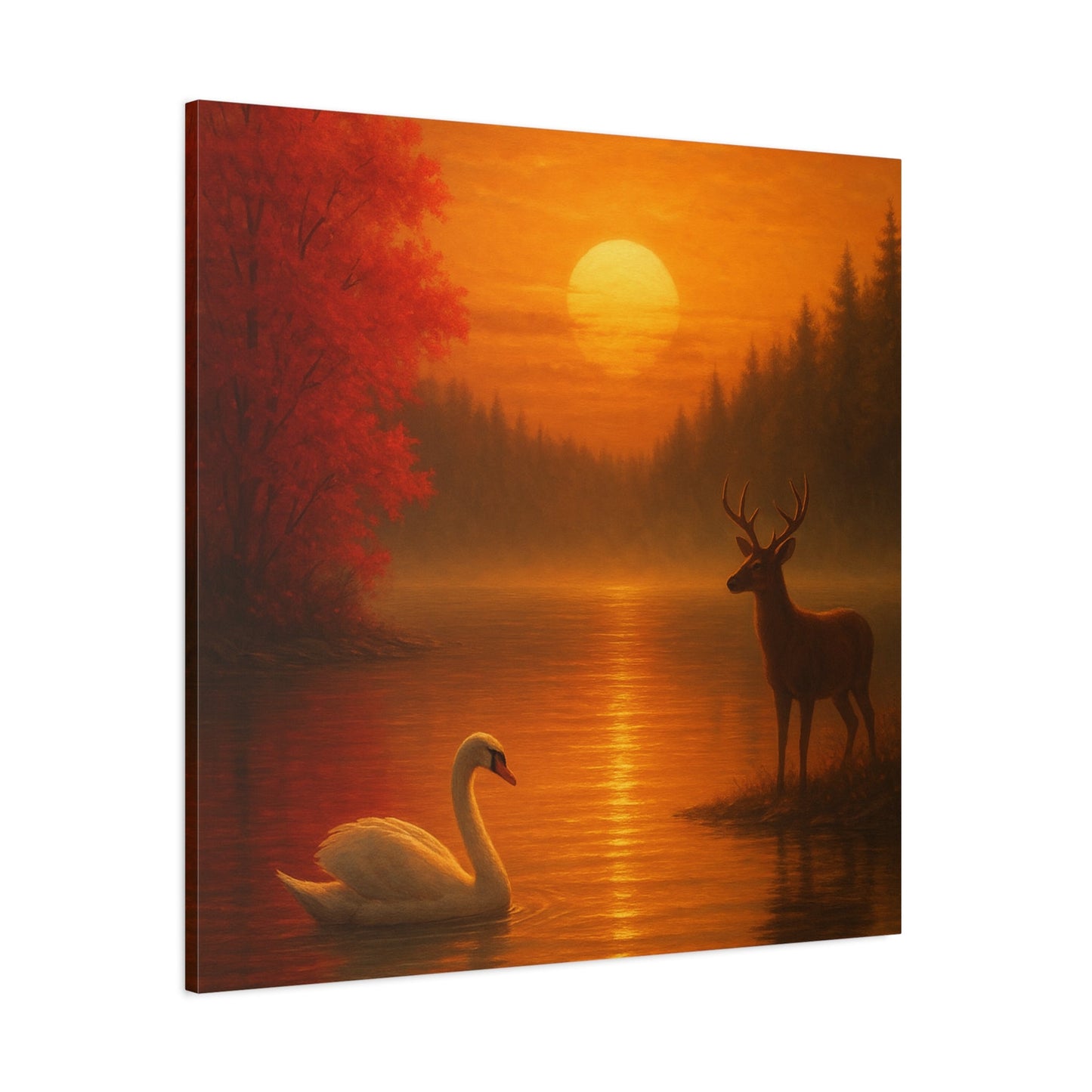 Dusk on the autumn lake sunset wall art with swan and deer by the water surrounded by crimson maple leaves and pine forest silhouette
