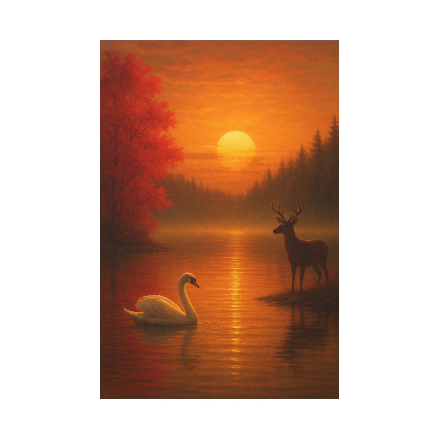 Dusk on the autumn lake sunset with swan gliding on water and deer standing by shore under fiery sun and crimson maple leaves